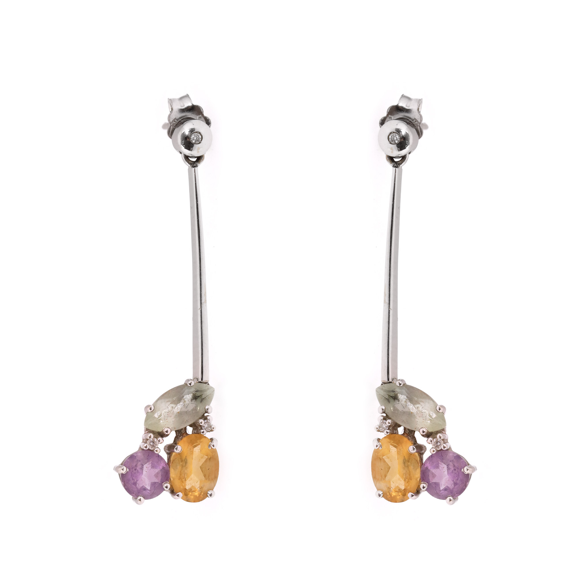 Pair of white gold earrings, decorated with diamonds, citrines, amethysts, and white quartzes