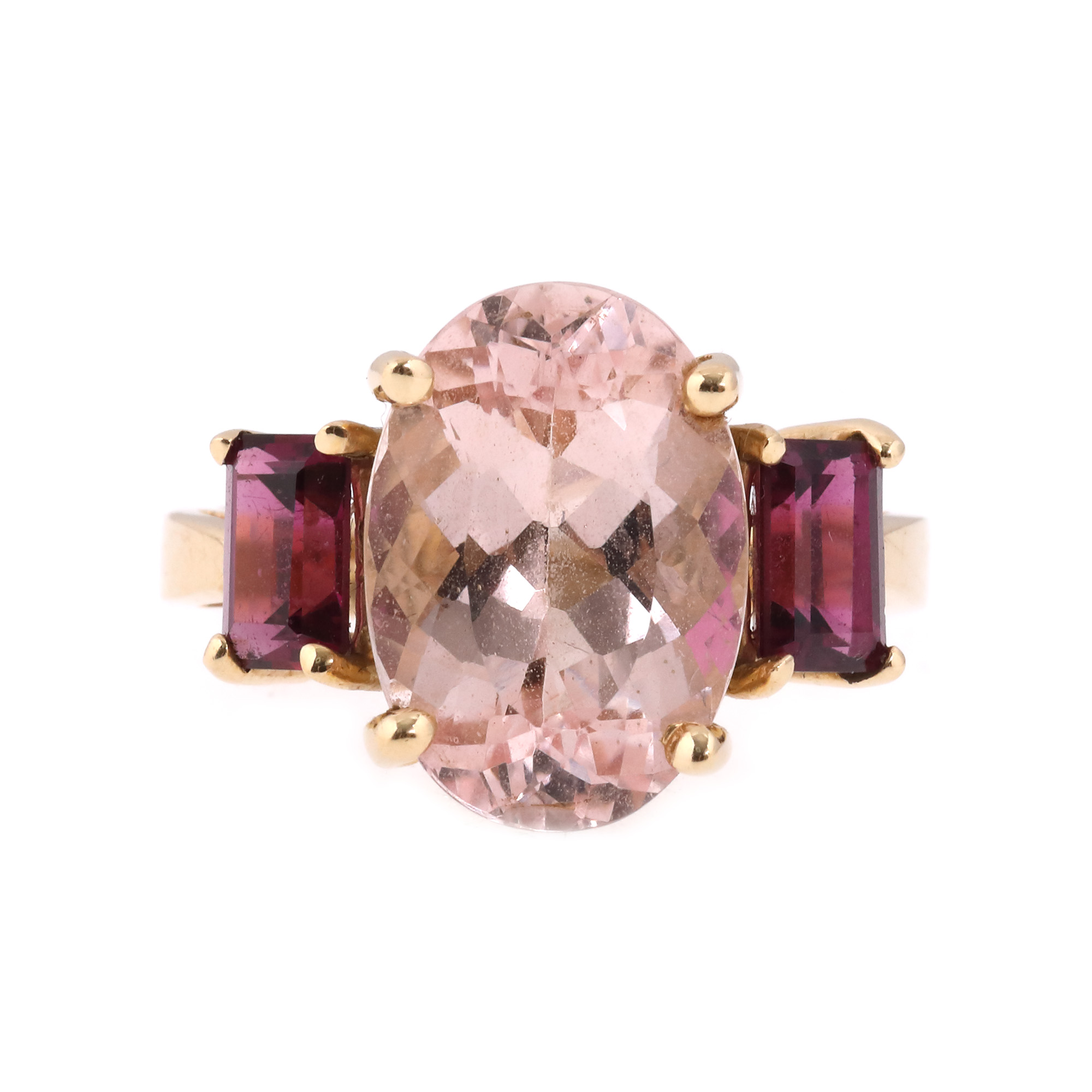 Gold ring, decorated with morganite and rhodolite garnets