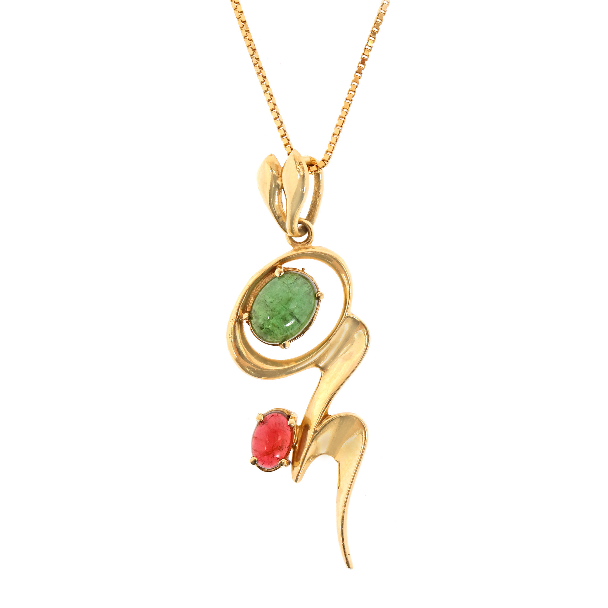 Gold necklace with pendant, decorated with tourmalines