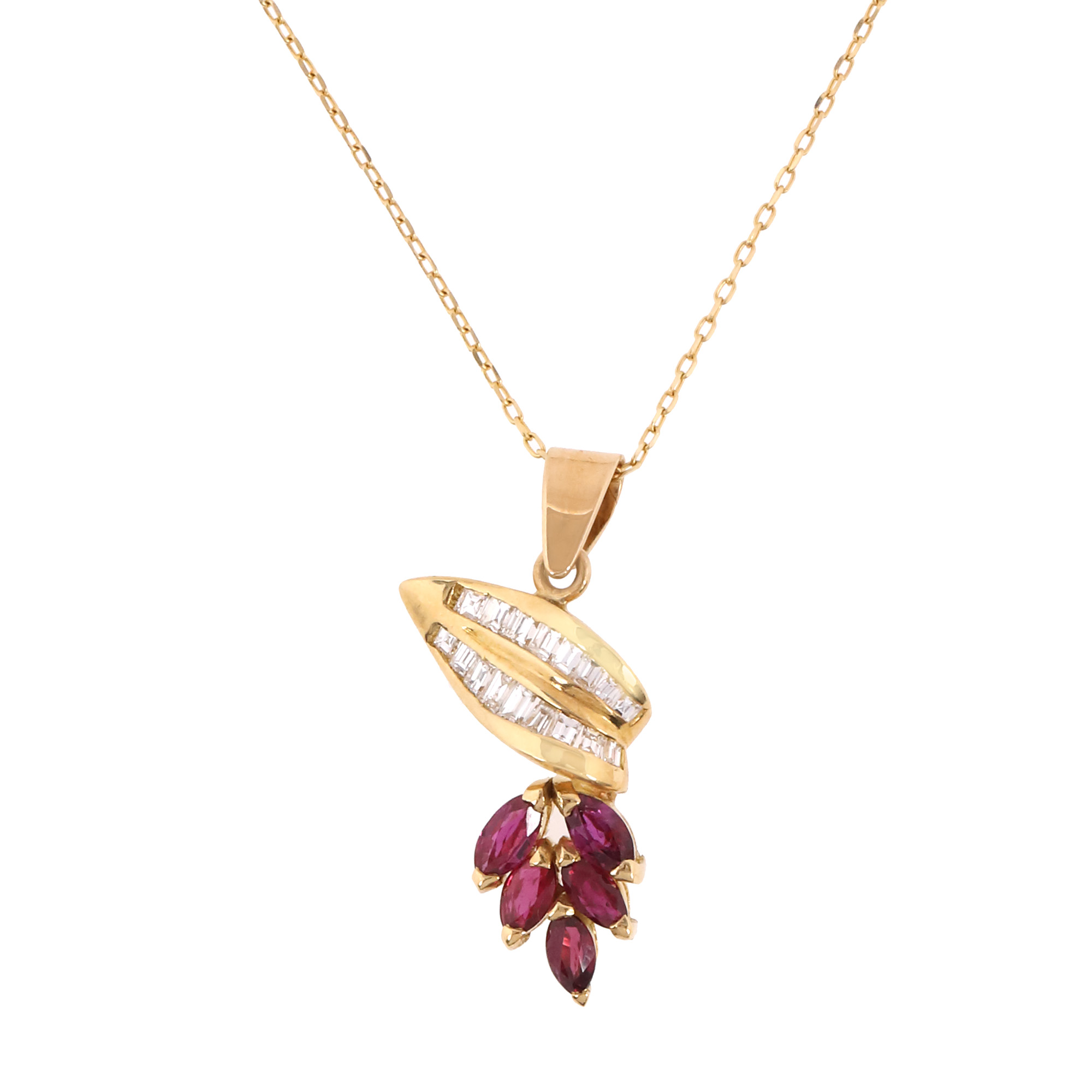 Gold necklace with pendant, decorated with rubies and diamonds
