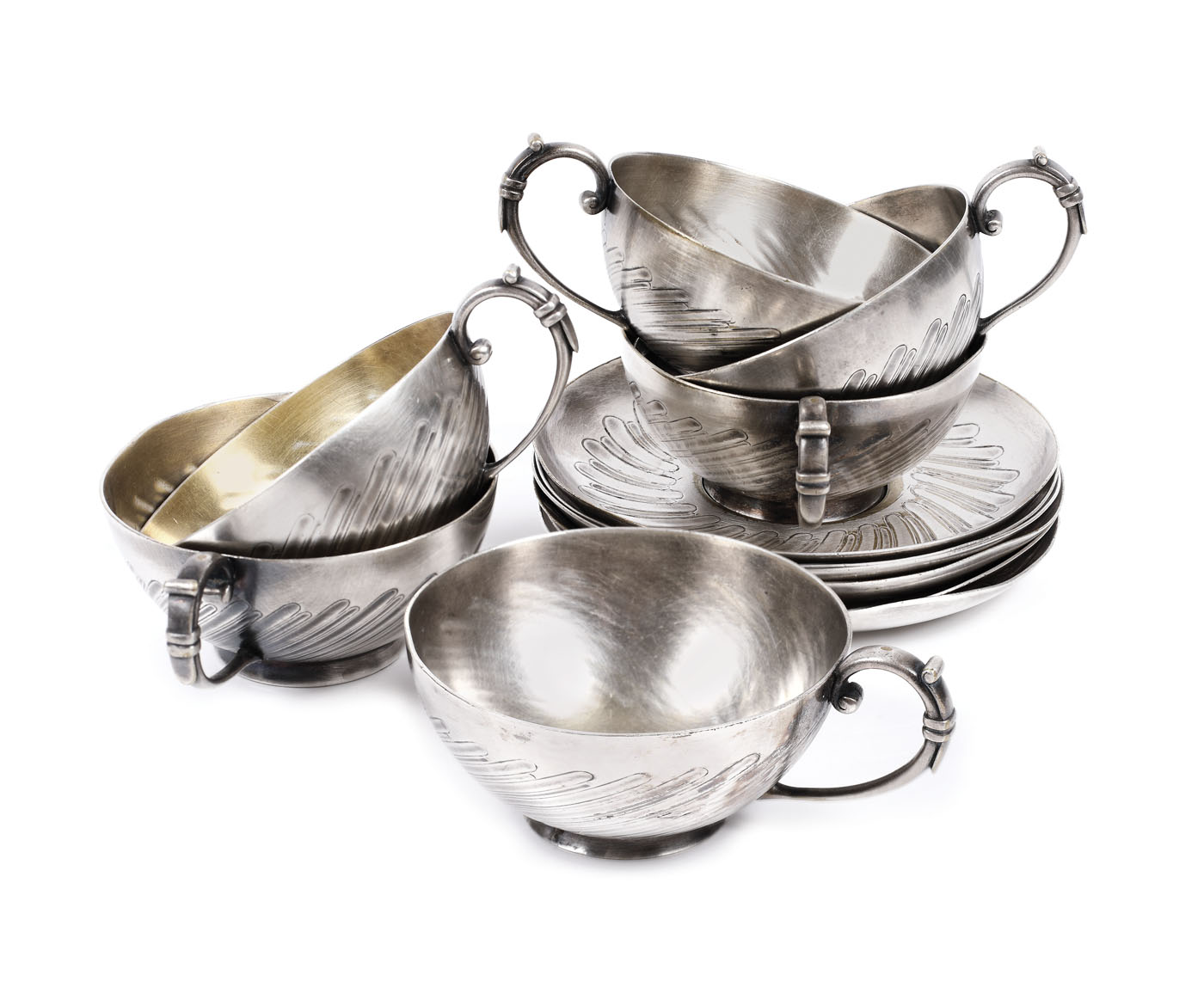 Christofle set including six small cups and saucers, numbered at the base and bearing the "C.F.R" inscription, from the Lucrezia and Ion Pacea collection