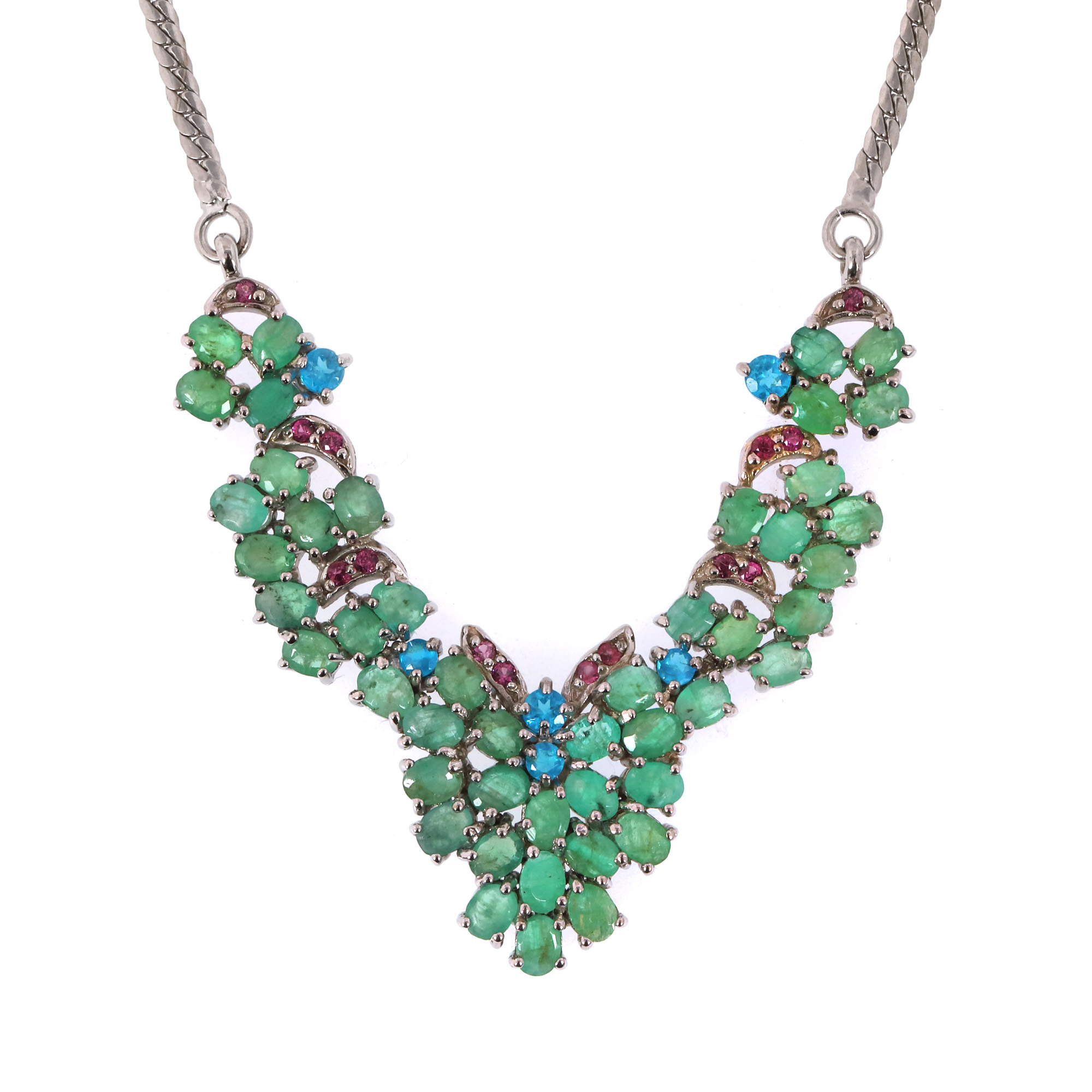 Silver necklace decorated with emeralds, rhodolites and apatites
