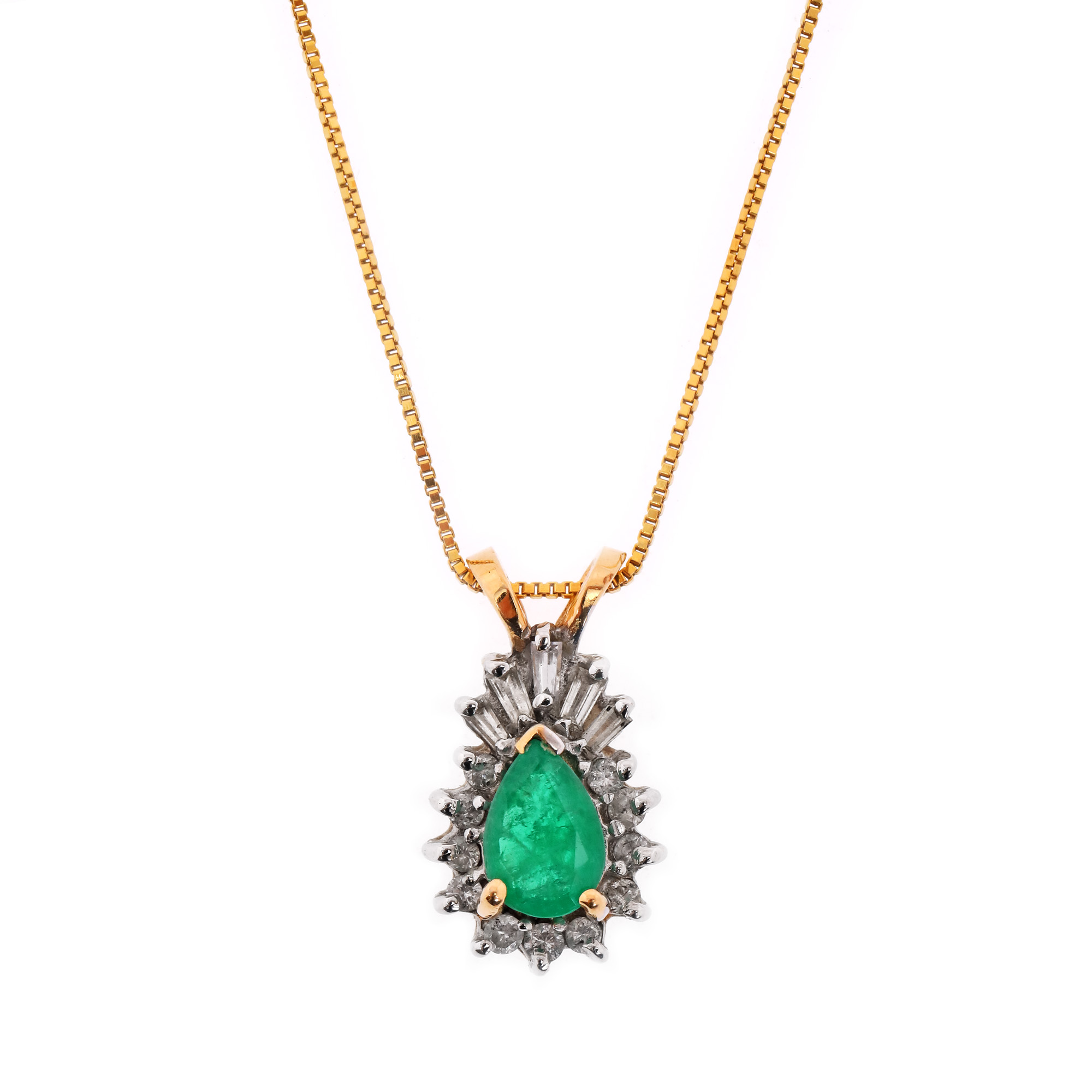 Necklace with gold pendant, decorated with emerald and brilliants