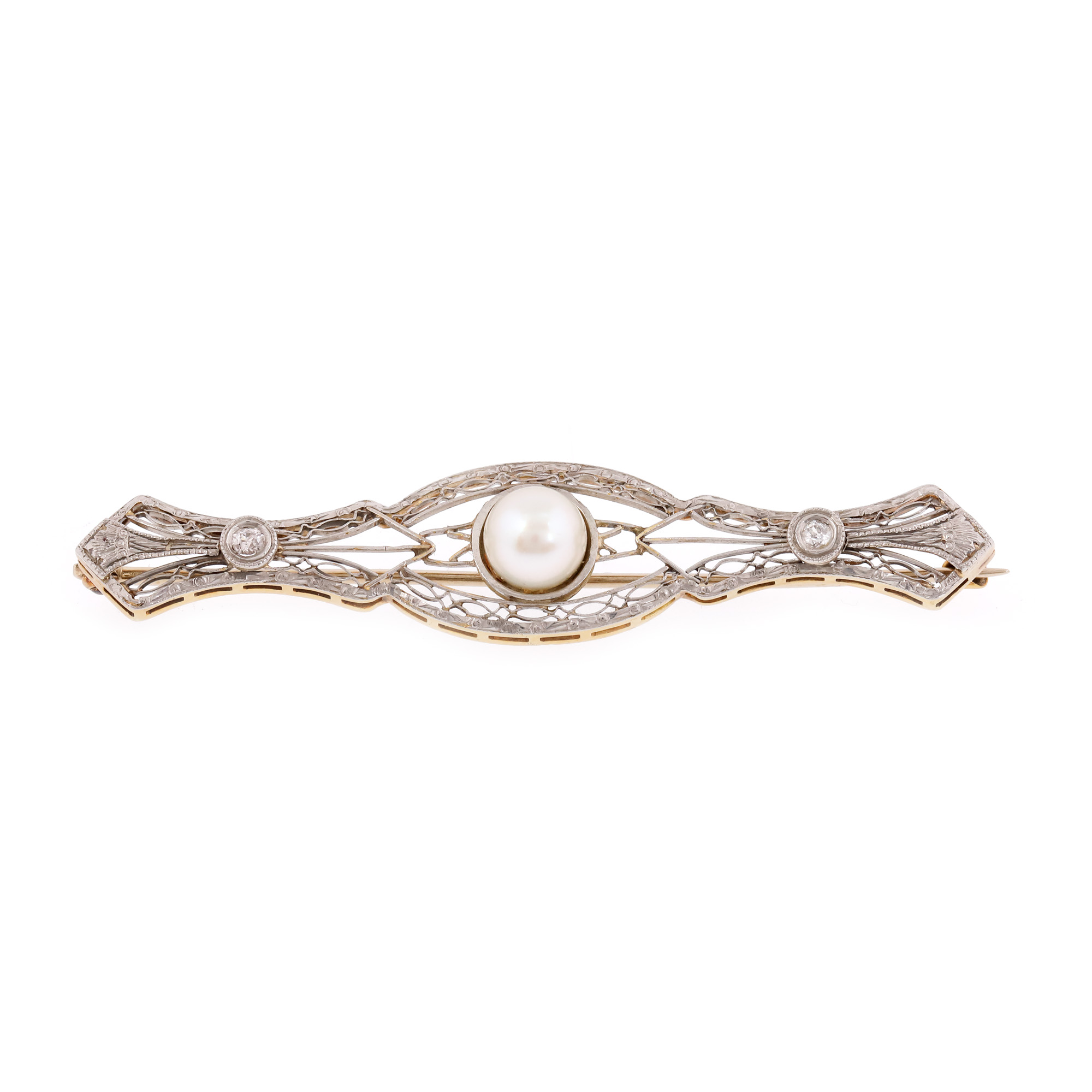 Broșă Art Deco din aur și platină, decorată cu perlă și două diamante, cca. 1920-1940