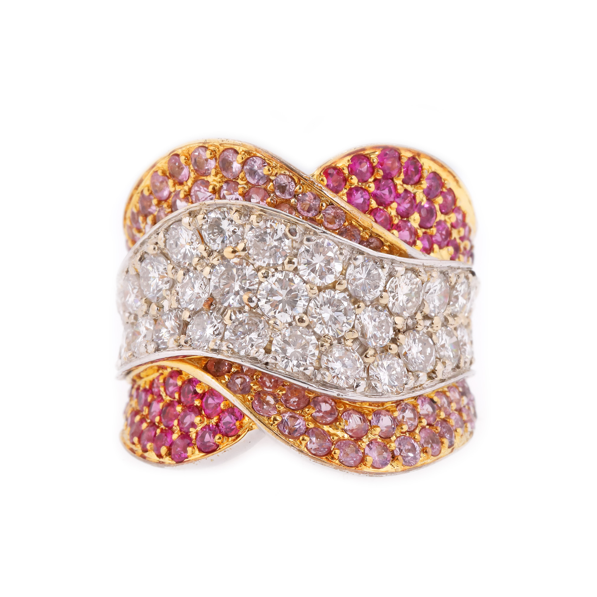 Two-tone gold ring, decorated with diamonds, rubies and pink sapphires