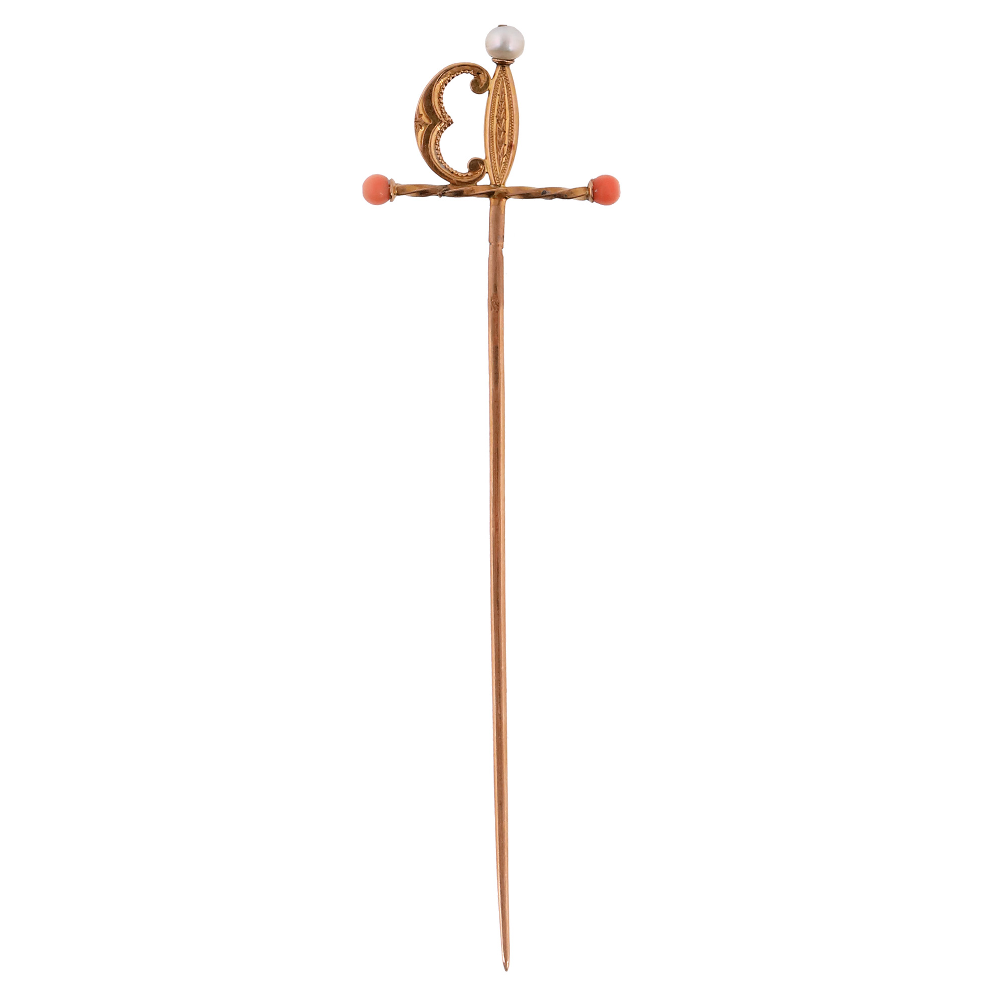 Novelty pin in gold, decorated with pearl and pink coral, approx. 1900