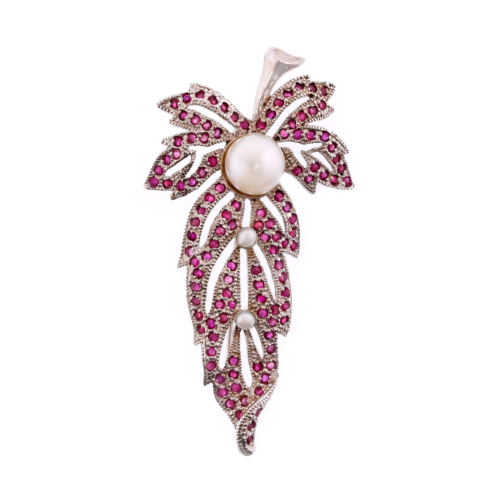 Silver brooch, branch-shaped, decorated with rubies and pearls