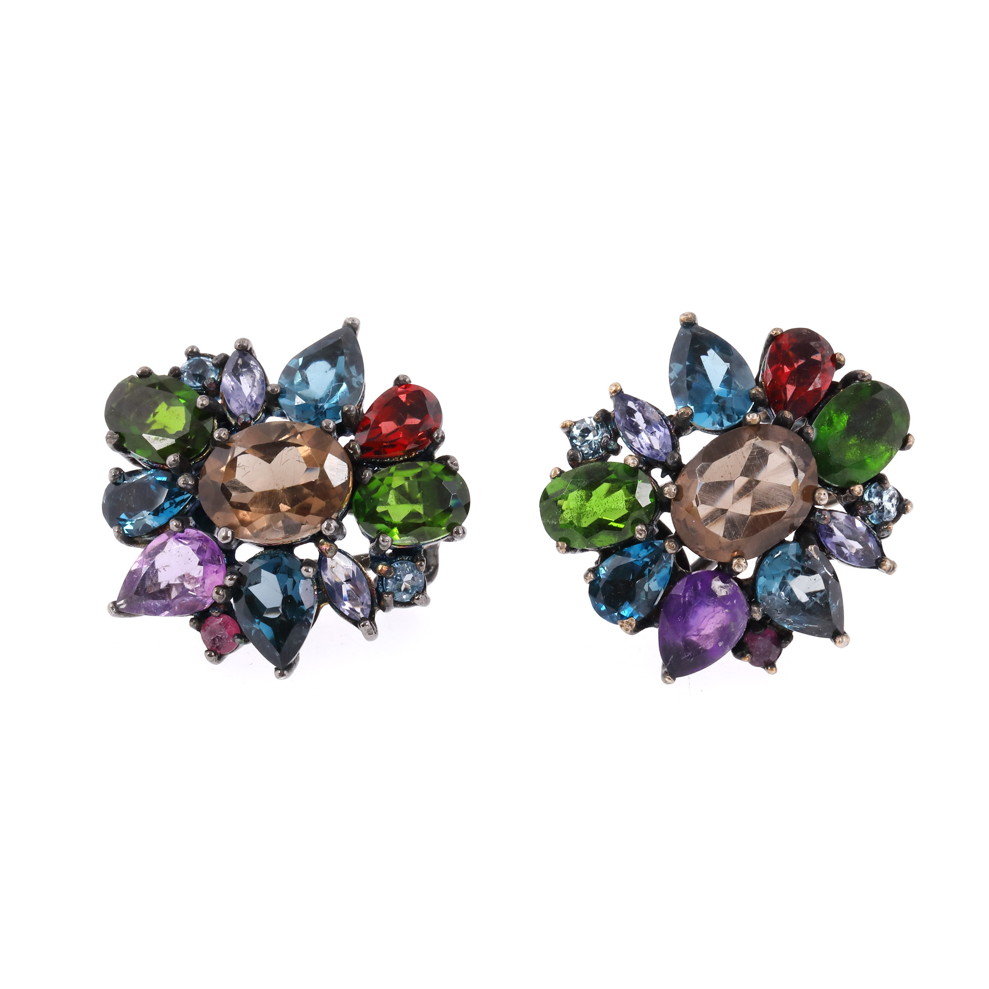 Pair of silver earrings, decorated with multi-coloured semi-precious stones