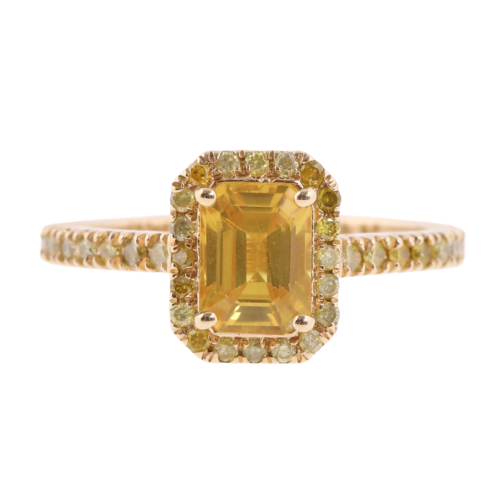 Inel din aur, decorat cu safir galben anturat de diamante, însoțit de certificat gemologic AIG