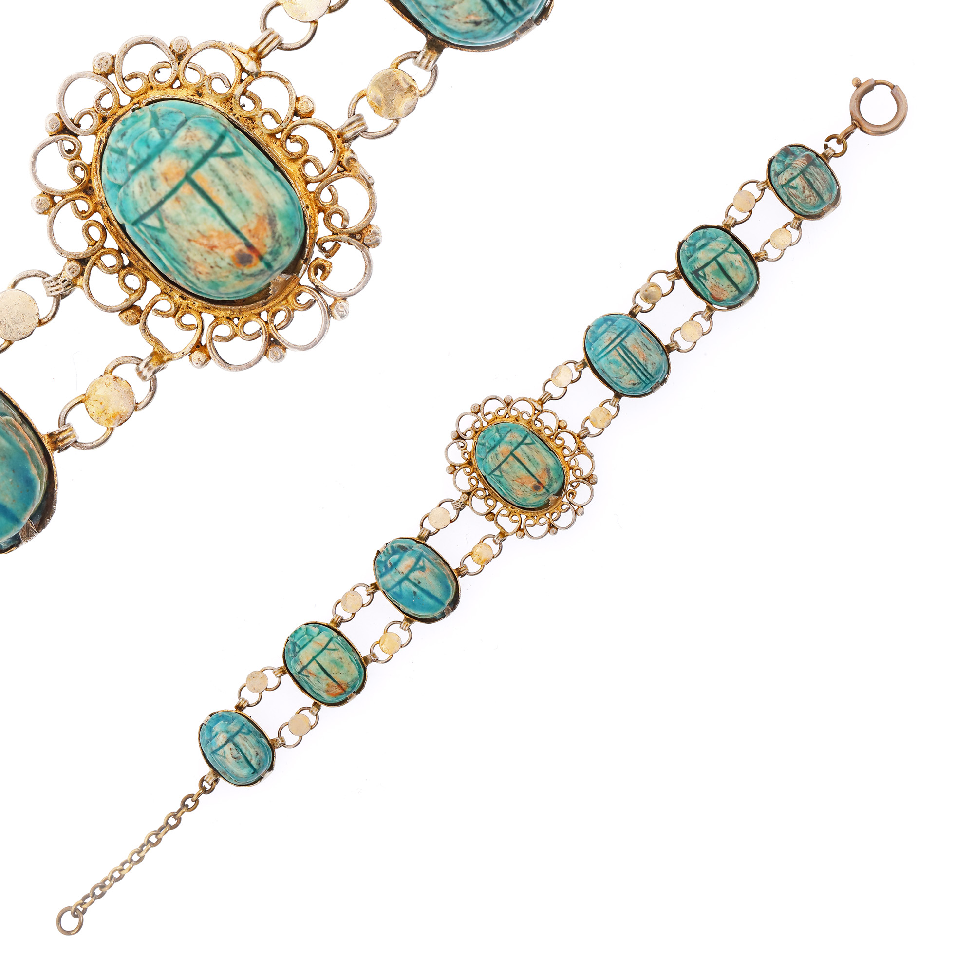 Egyptian-inspired silver bracelet decorated with ceramic scarabs