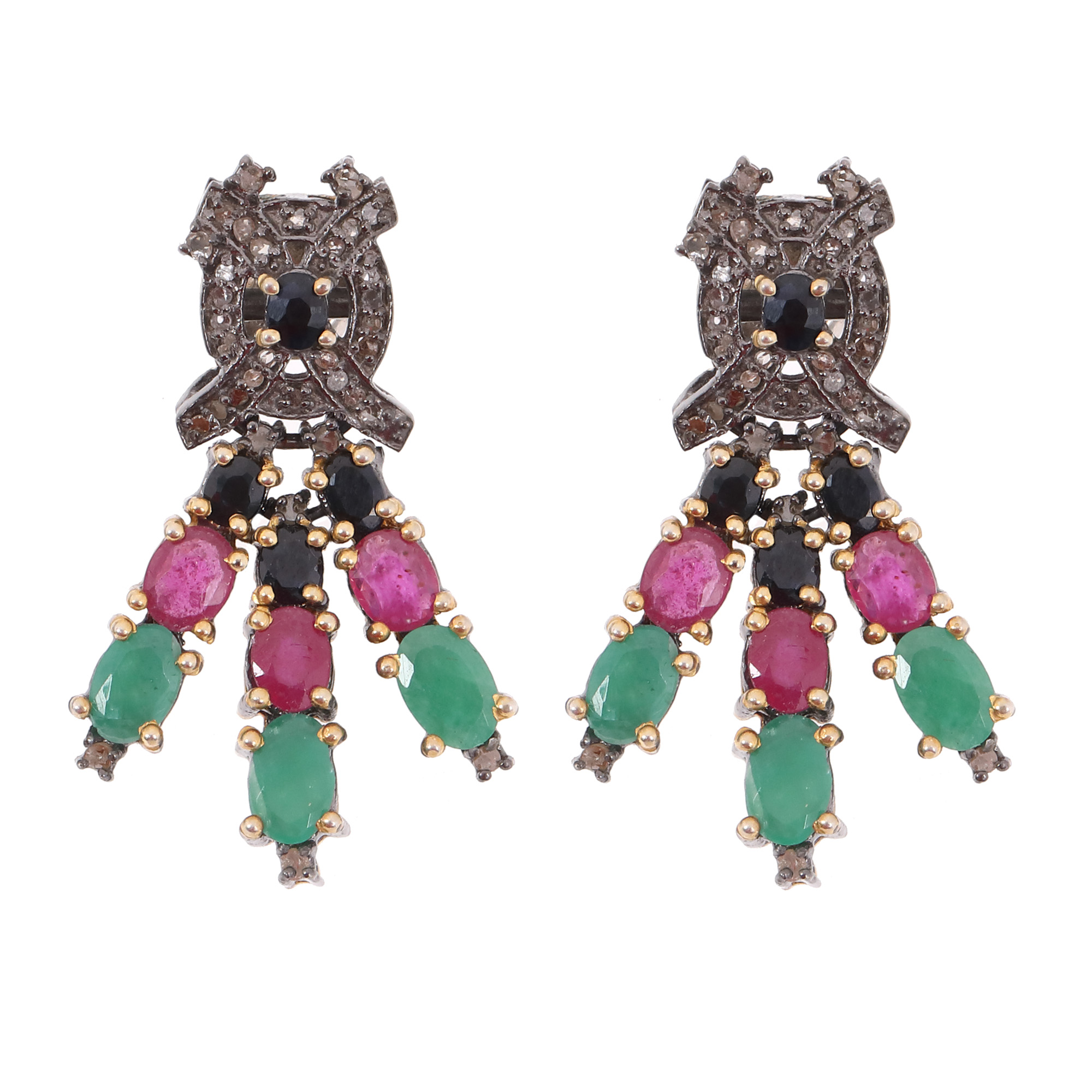 Pair of gilded silver earrings, decorated with sapphires, emeralds, rubies, and diamonds