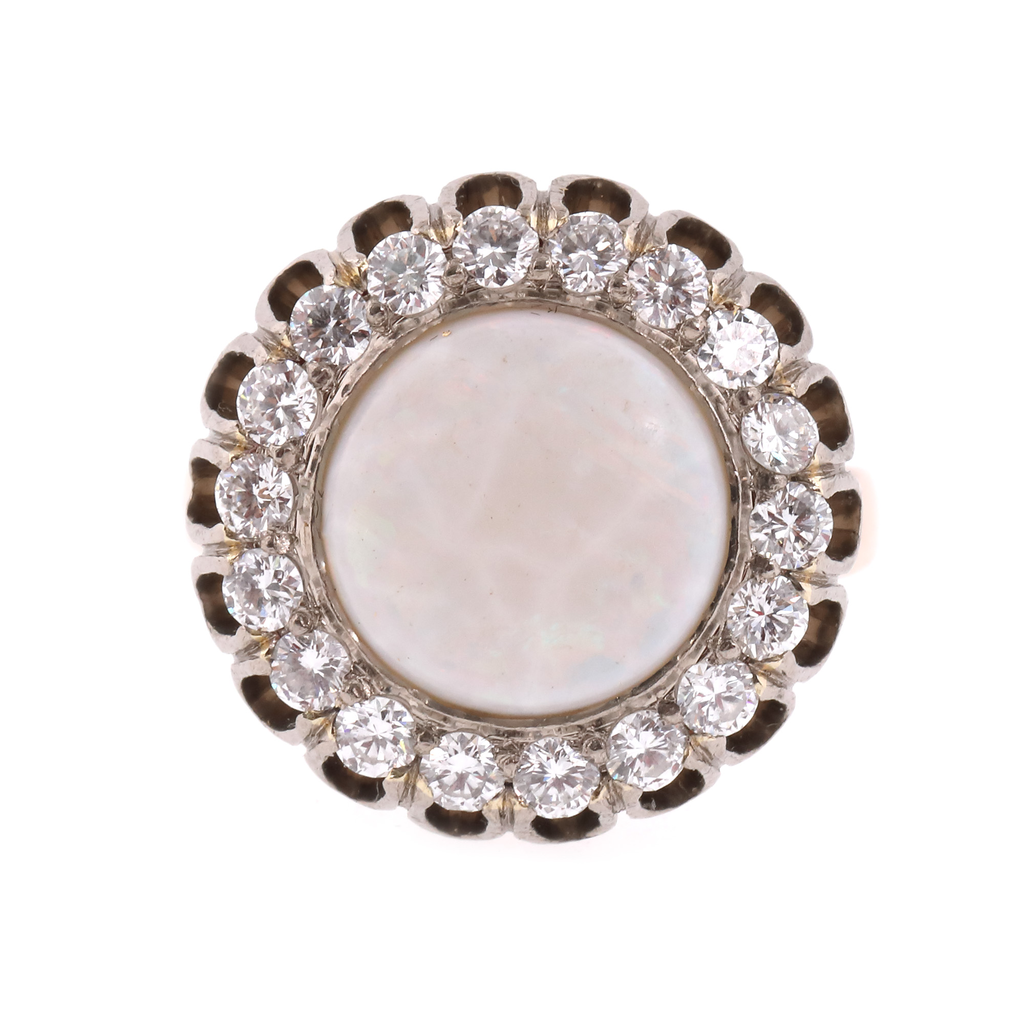 Inel din aur bicolor, decorat central cu opal anturat de diamante