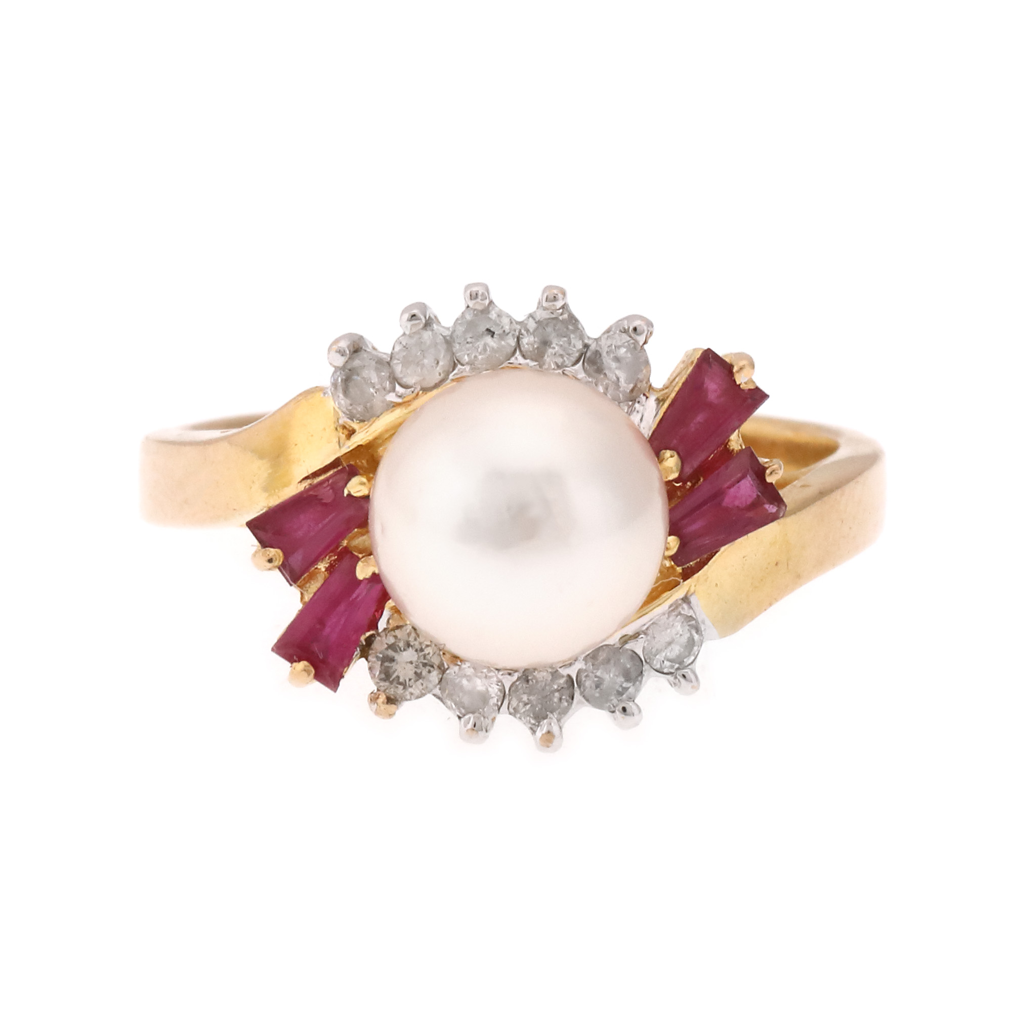 Gold ring, centrally decorated with pearl set with diamonds and rubies