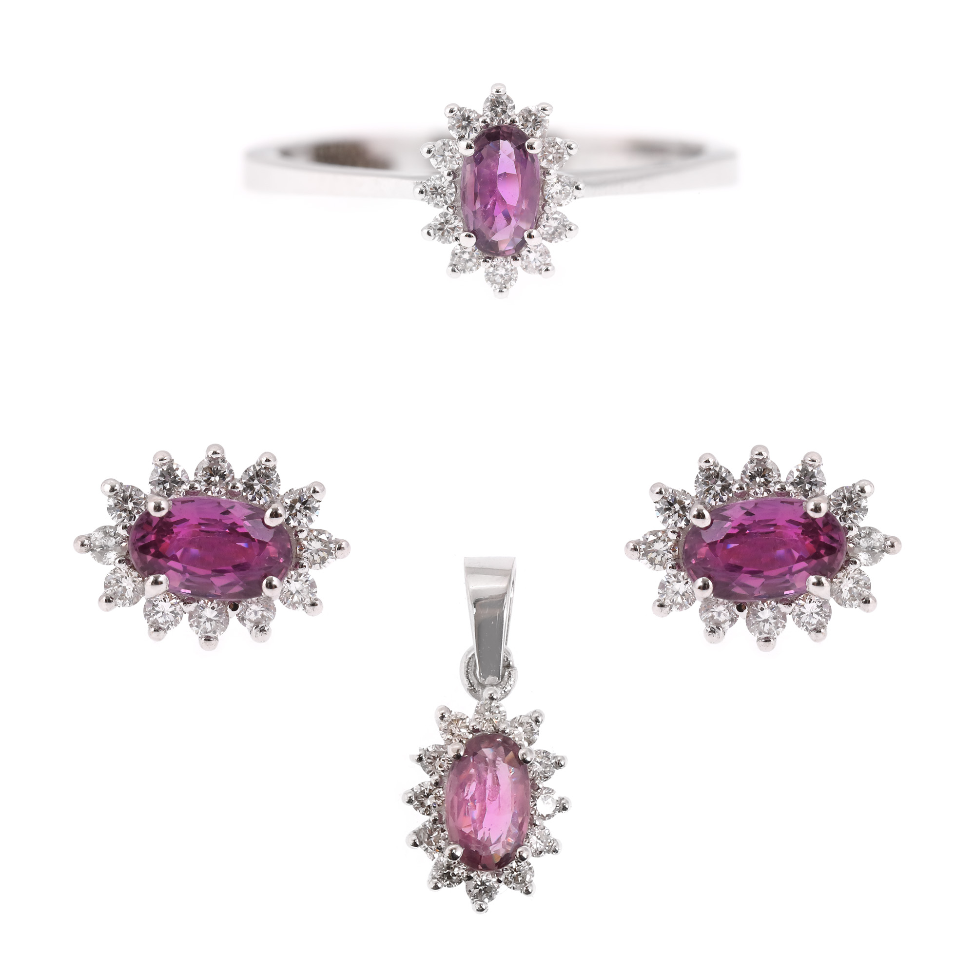 White gold set, consisting of ring, pair of earrings and pendant, decorated with pink sapphires and diamonds