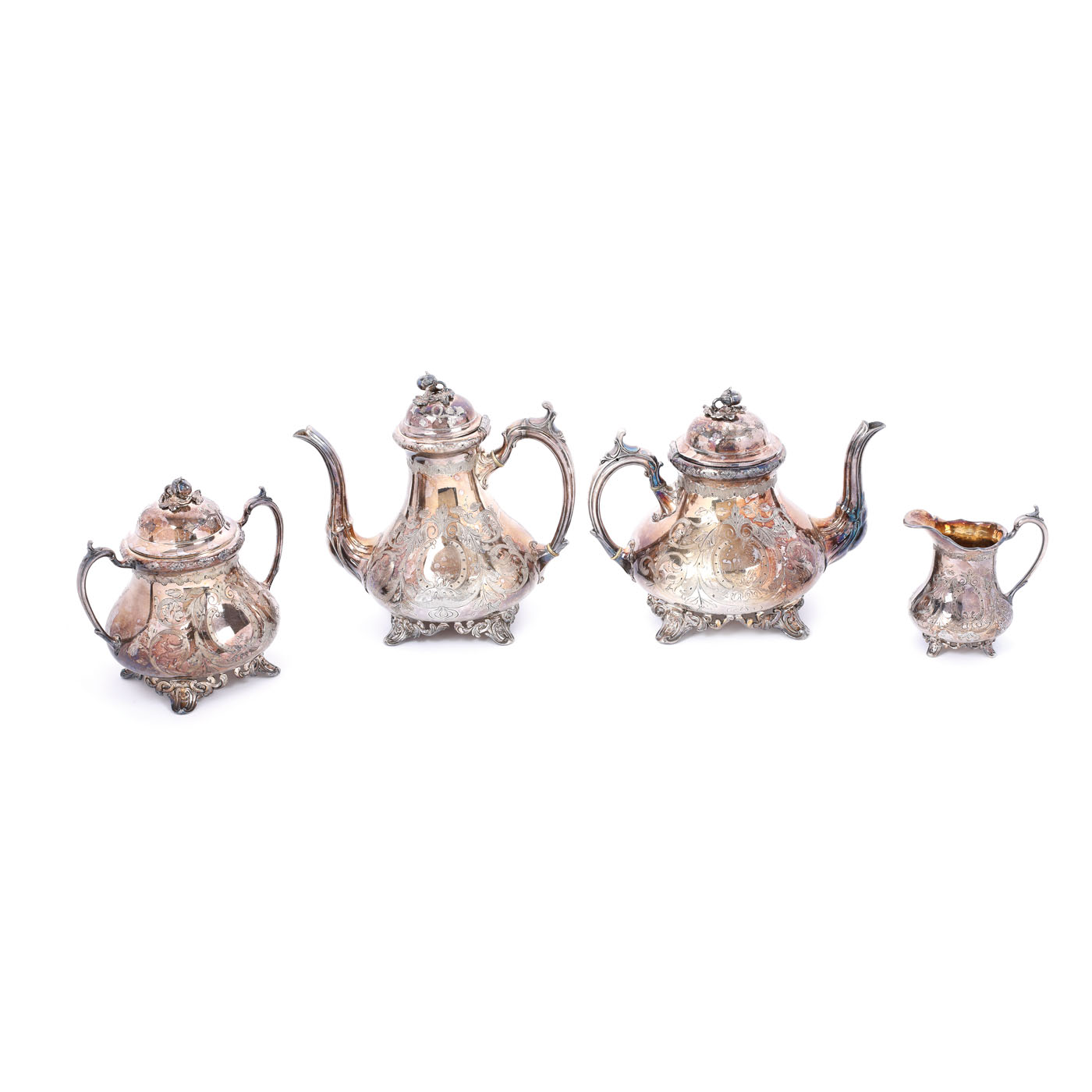 Set made of silver plated metal in Victorian style, for tea and coffee, consisting of teapots, coffee pot, milk holder and sugar bowl, from the Lucrezia and Ion Pacea collection