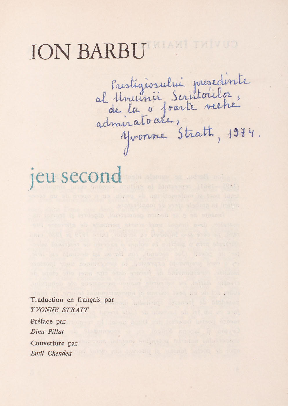 "Joc secund", de Ion Barbu, Bucureşti, 1973, cu dedicaţia traducătorului către Zaharia Stancu