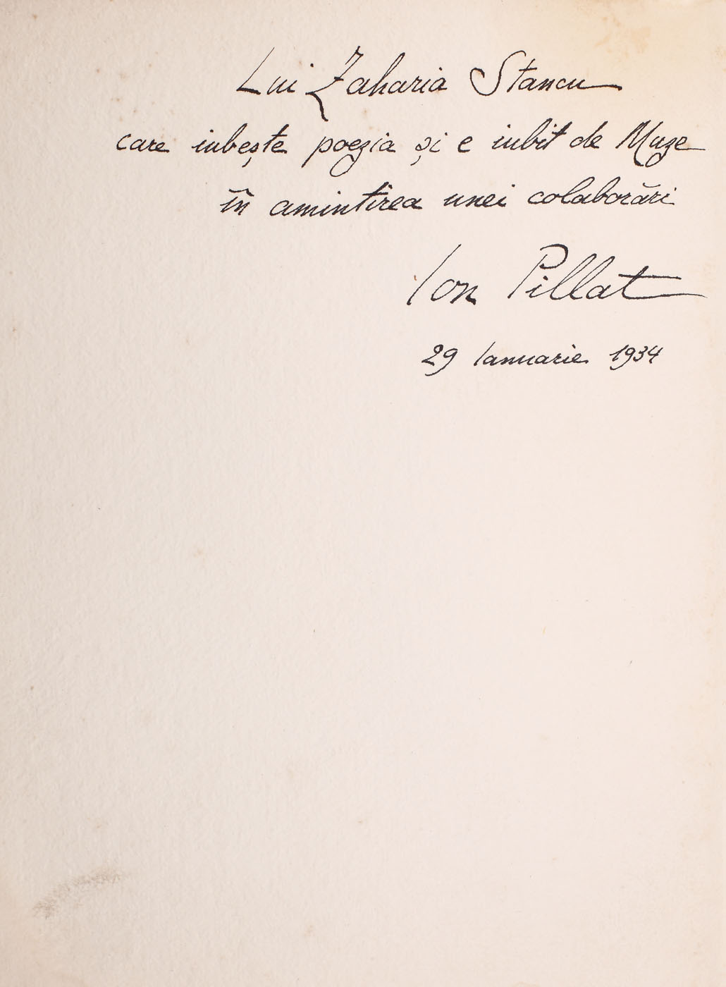 "Scutul Minervei", de Ion Pillat, Bucureşti, 1934, cu dedicaţia autorului către Zaharia Stancu