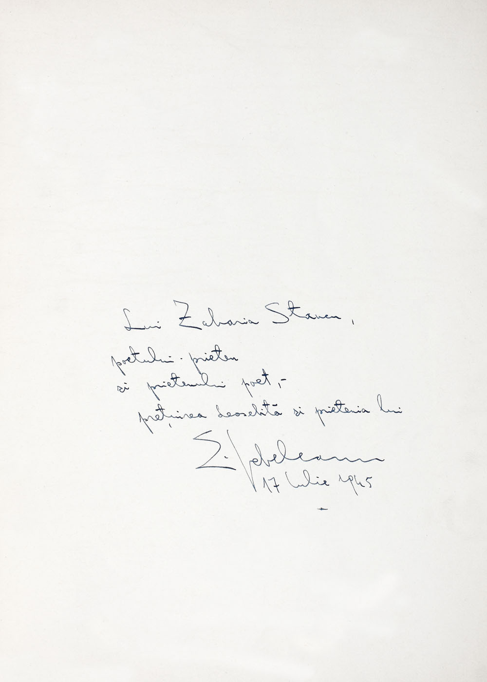 "Ceeace nu se uită", de Eugen Jebeleanu, Bucureşti, 1945, cu dedicaţia autorului către Zaharia Stancu