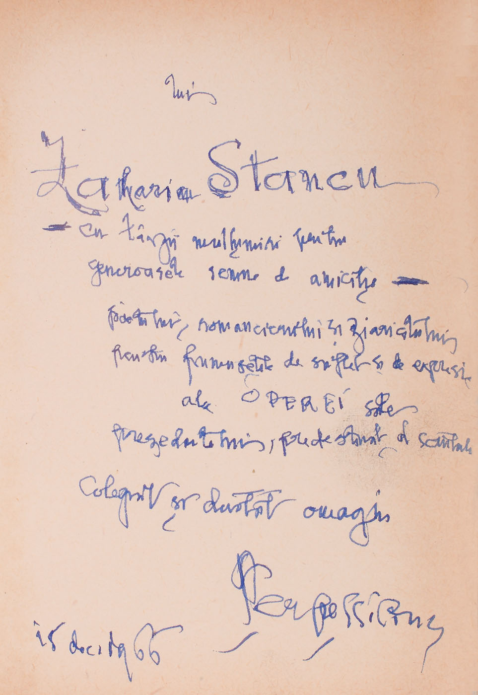 "Opere", de D. P. Perpessicius, Bucureşti, 1966, cu dedicaţia autorului către Zaharia Stancu