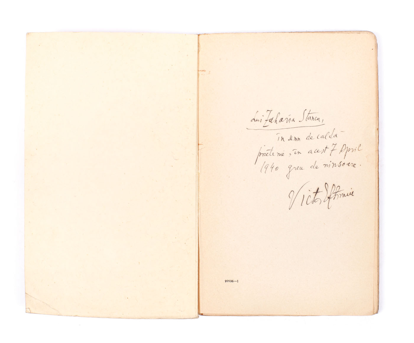 "Gânduri", de Victor Eftimiu, Bucureşti, 1940, cu dedicaţia autorului către Zaharia Stancu