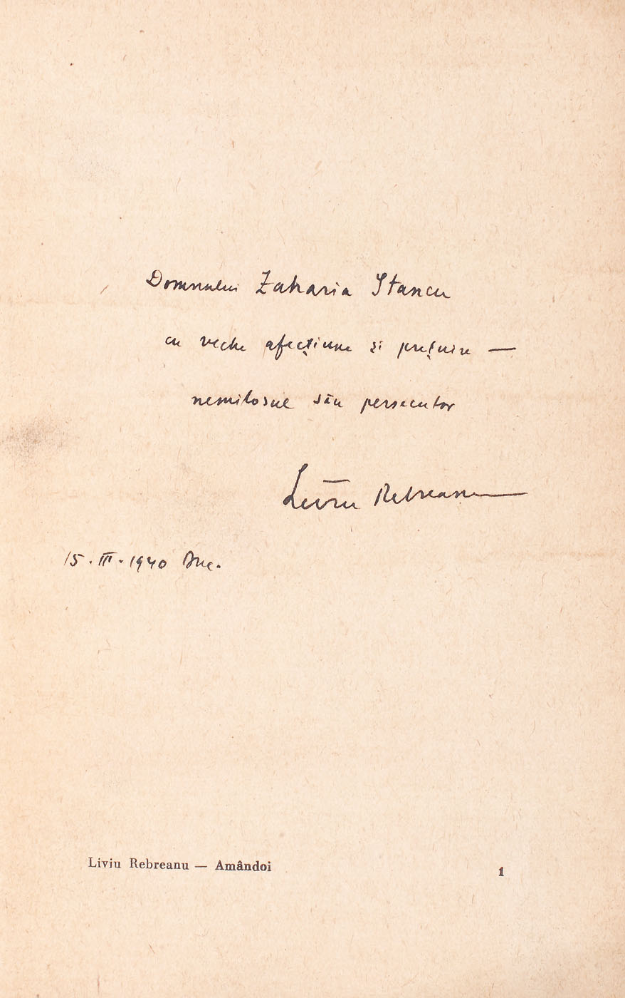 "Amândoi", de Liviu Rebreanu, Bucureşti, 1940, cu dedicaţia autorului către Zaharia Stancu