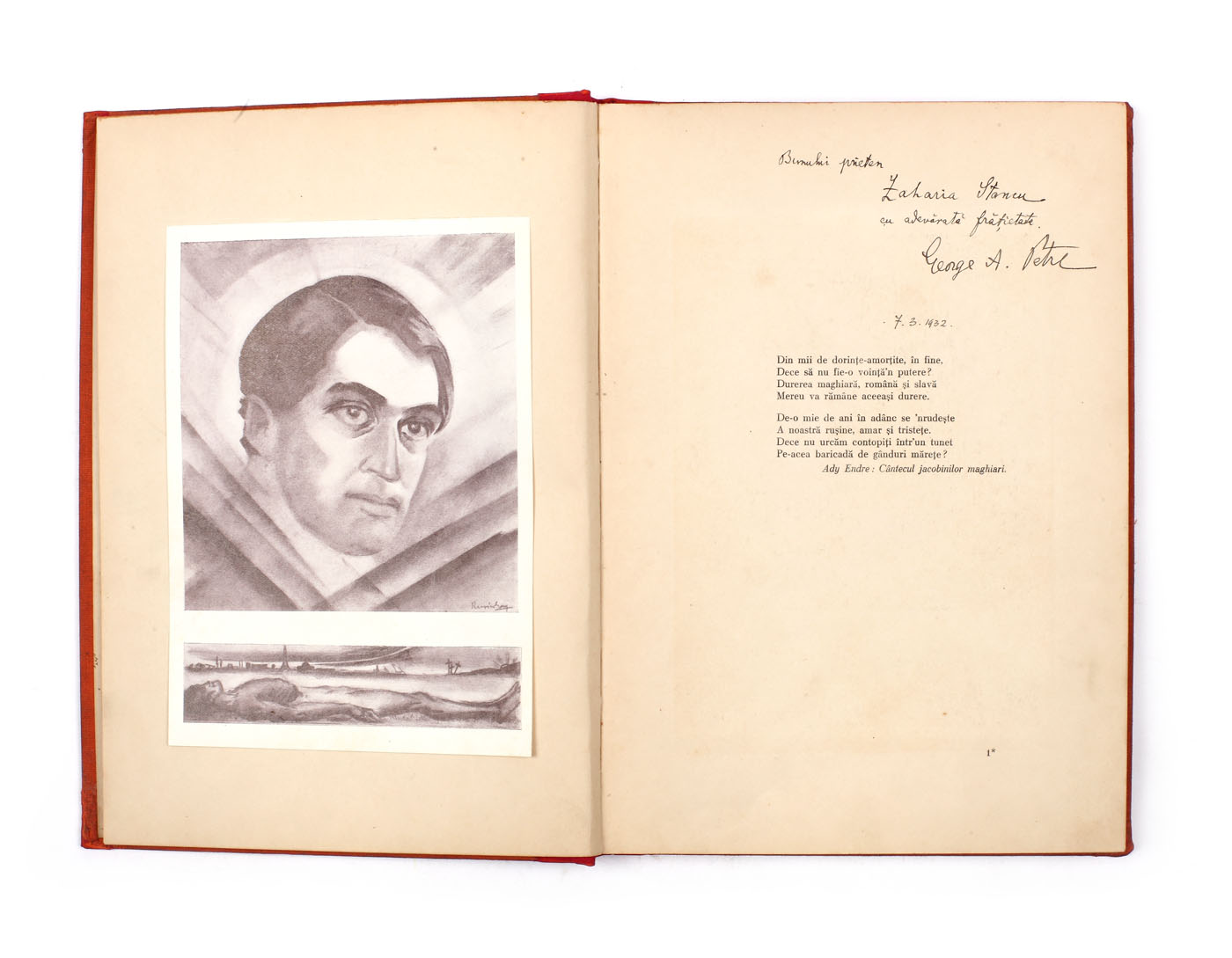 "Sânge şi aur", de Ady Endre, Bucureşti, 1932, cu dedicaţia traducătorului către Zaharia Stancu
