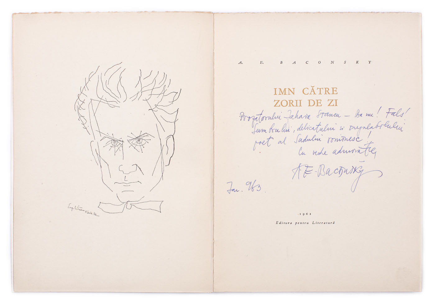"Imn către zorii de zi", de Anatol E. Baconsky, Bucureşti, 1962, cu dedicaţia autorului către Zaharia Stancu