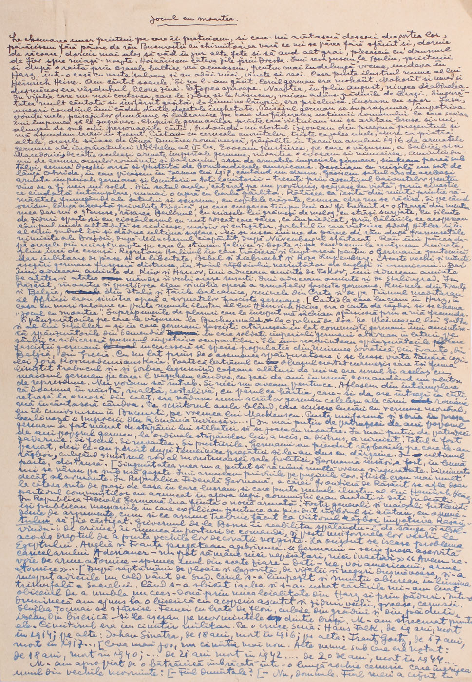 Manuscris de 4 file "Jocul cu moartea", după care a fost scris scenariul filmului "Prin cenuşa imperiului", 1976, cu semnătura olografă a lui Zaharia Stancu