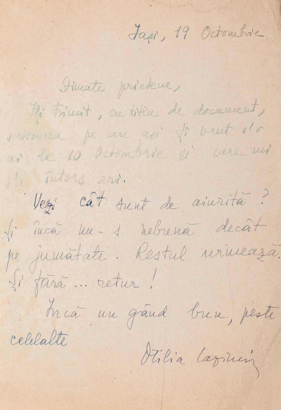 One-page letter sent by Otilia Cazimir to Zaharia Stancu