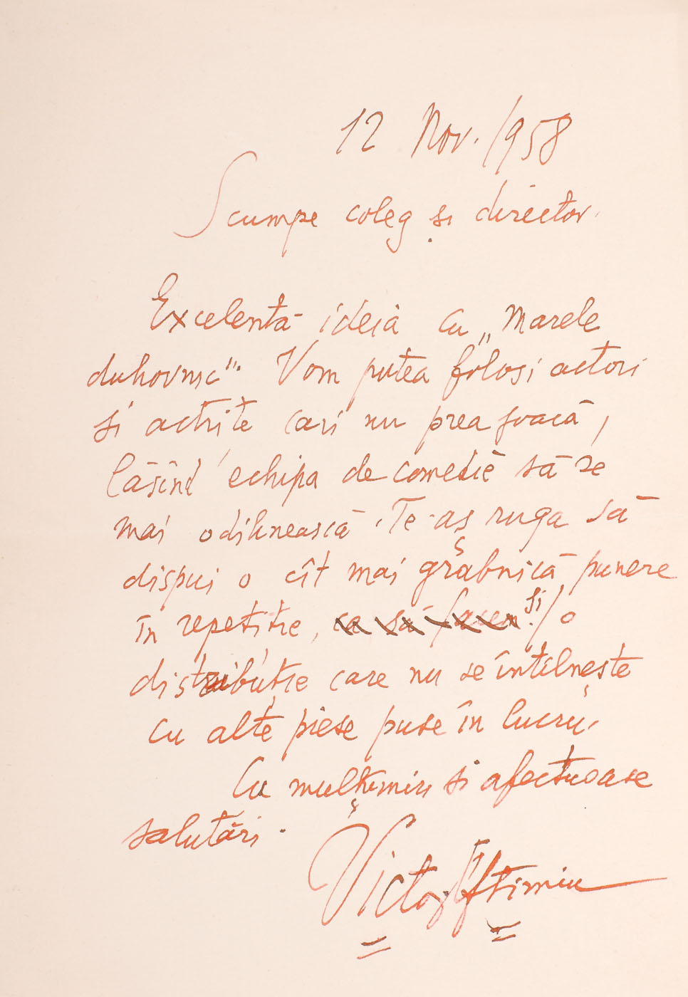 Scrisoare a lui Victor Eftimiu către Zaharia Stancu, datată 12 noiembrie 1958, însoţită de plicul original