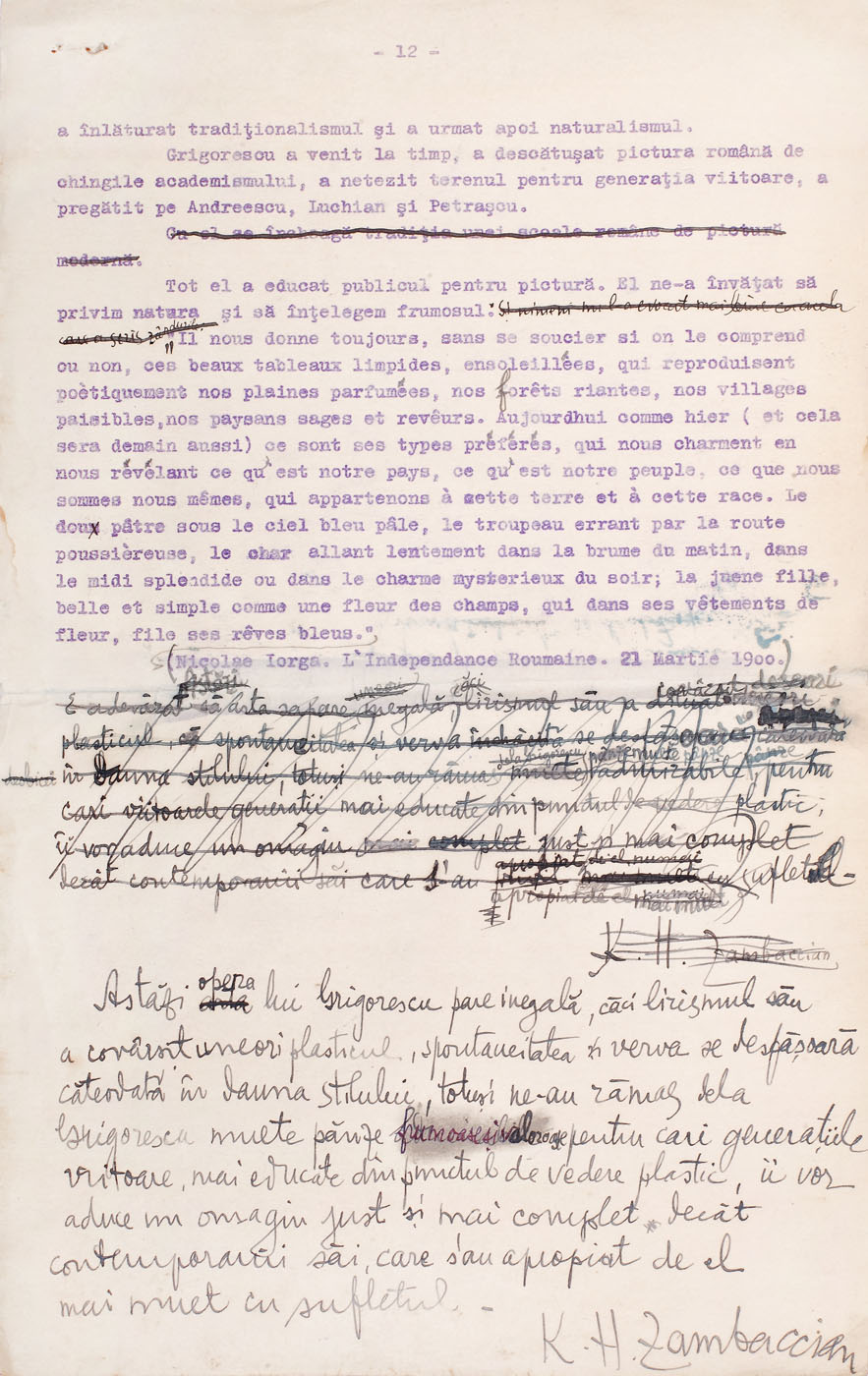 Fragment dintr-un text care poartă semnătura olografă a colecţionarului şi criticului de artă Krikor H. Zambaccian