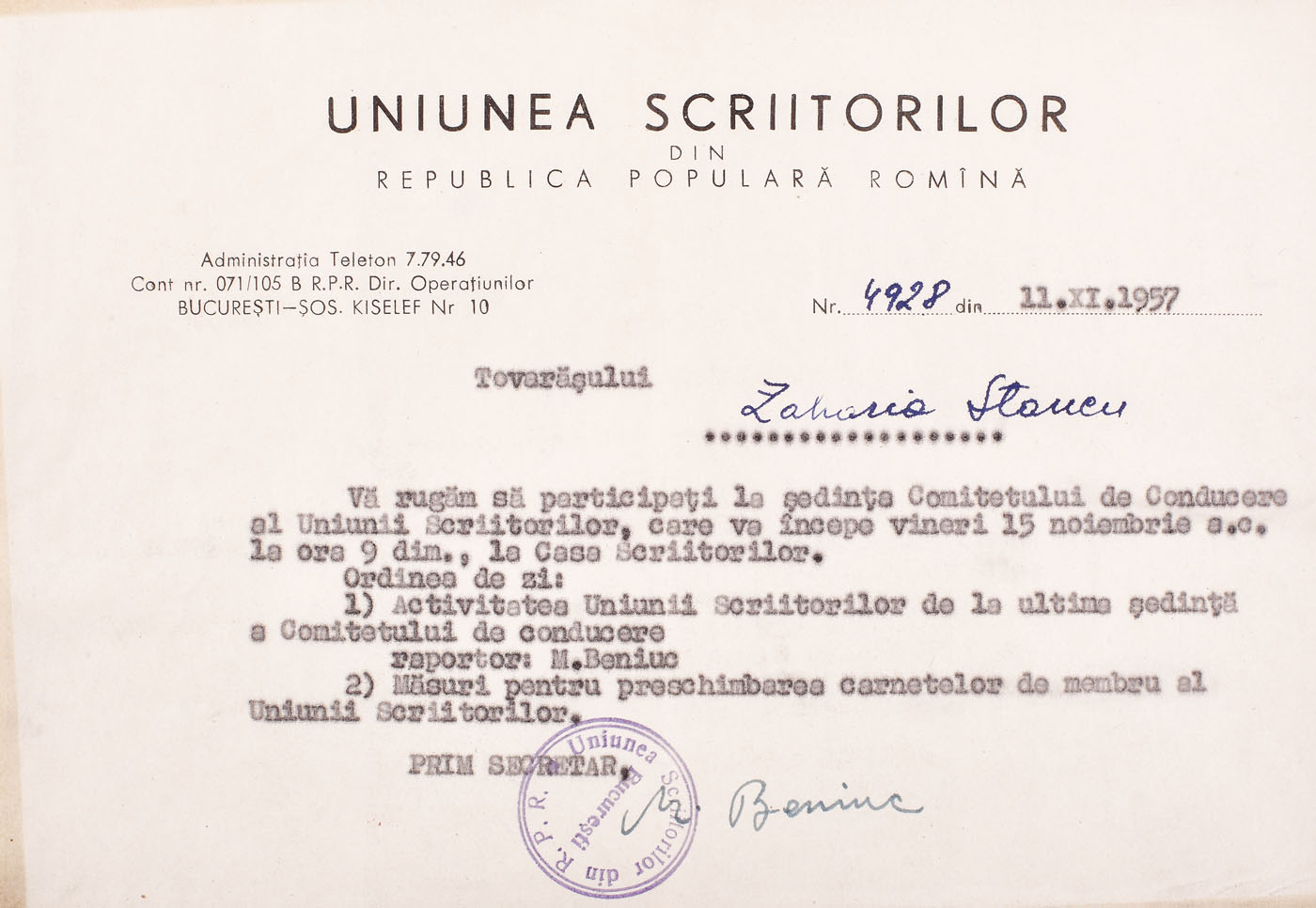 Lot format din două invitaţii la şedinţa Comitetului de Conducere al Uniunii Scriitorilor, 1957