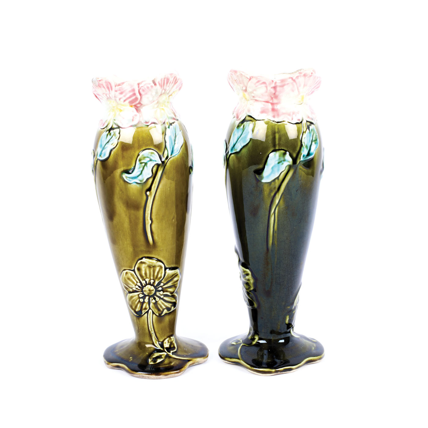 Pair of Art Nouveau inspired decorative majolica vessels from the Lucrezia and Ion Pacea collection