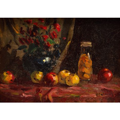 Natură statică cu flori și mere