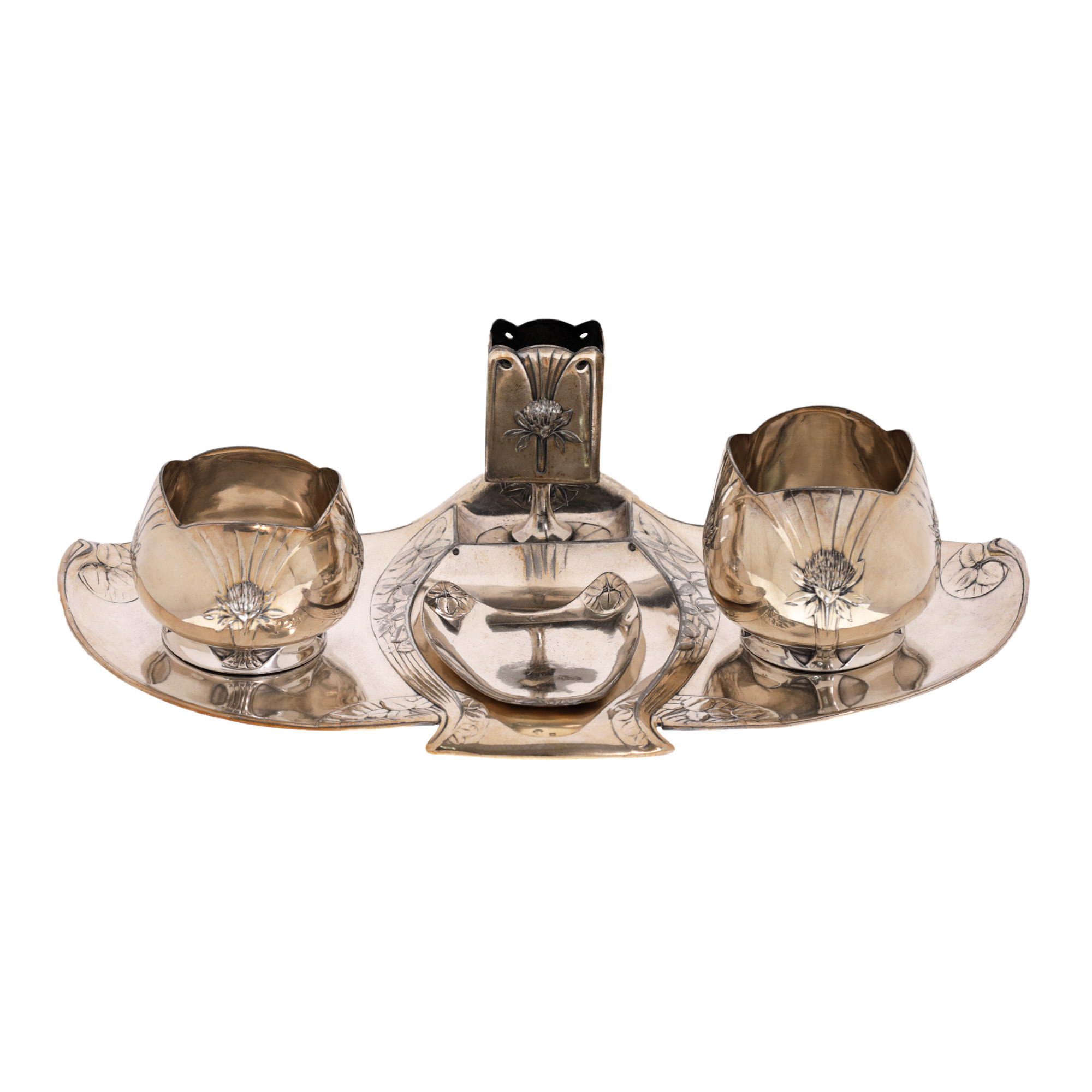Set Christofle Gallia în stil Art Nouveau, pentru fumat, decorat cu flori de lotus stlizate, cca. 1908-1929