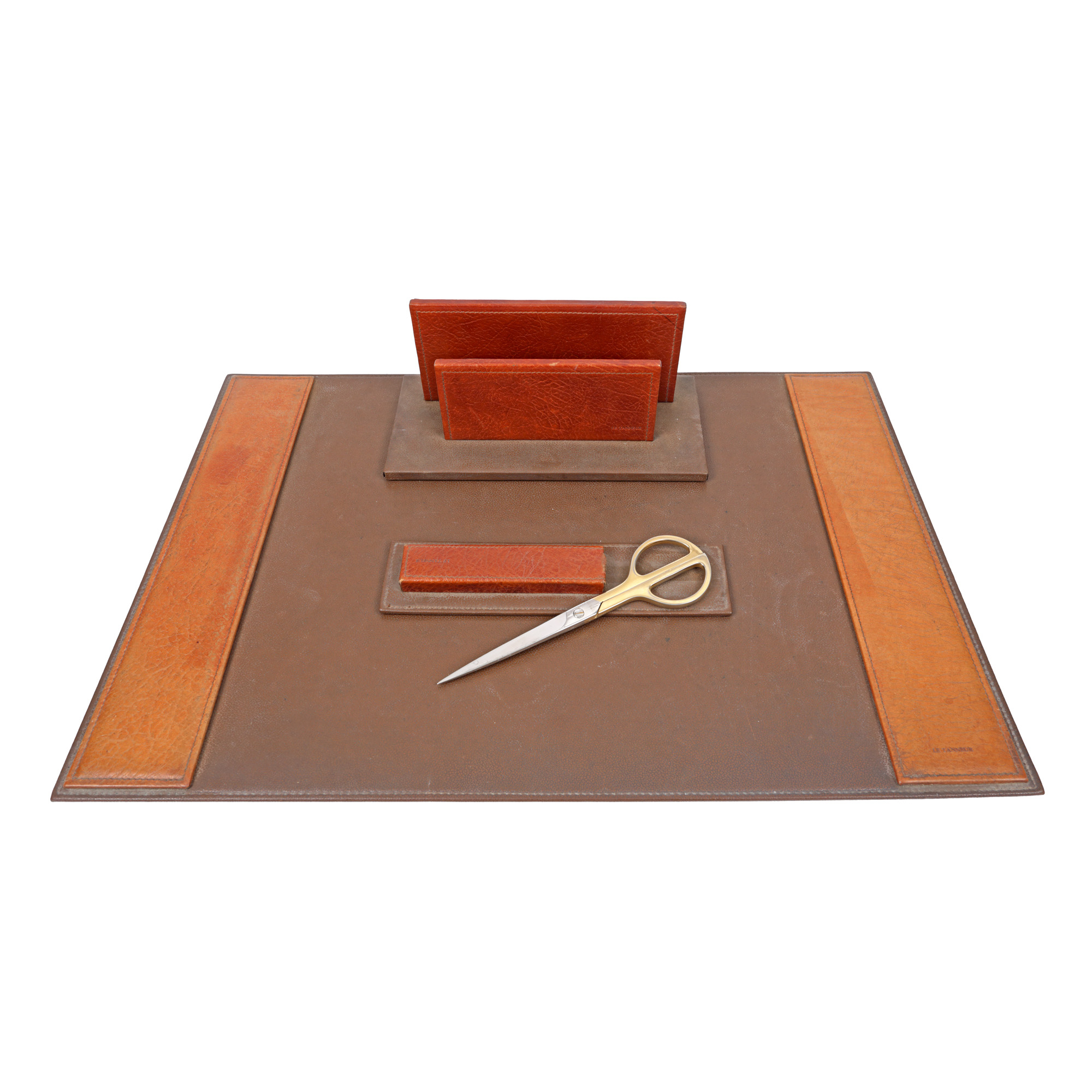 Le Tanneur desk set, consisting of a desk organiser, letter holder, and scissors, France, mid-20th century 