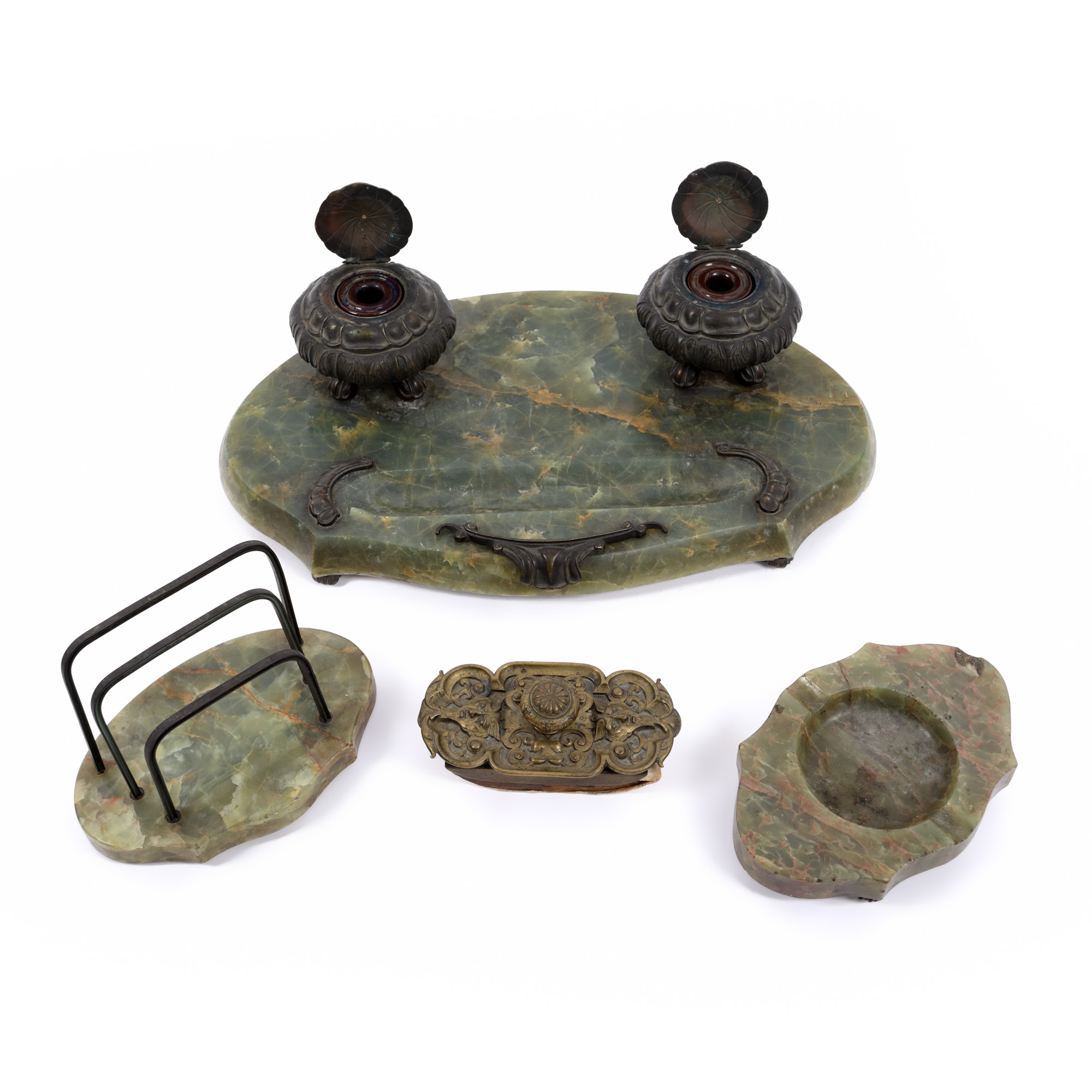 Marble desk set consisting of inkwell, ashtray, letter rack, and ink blotter
