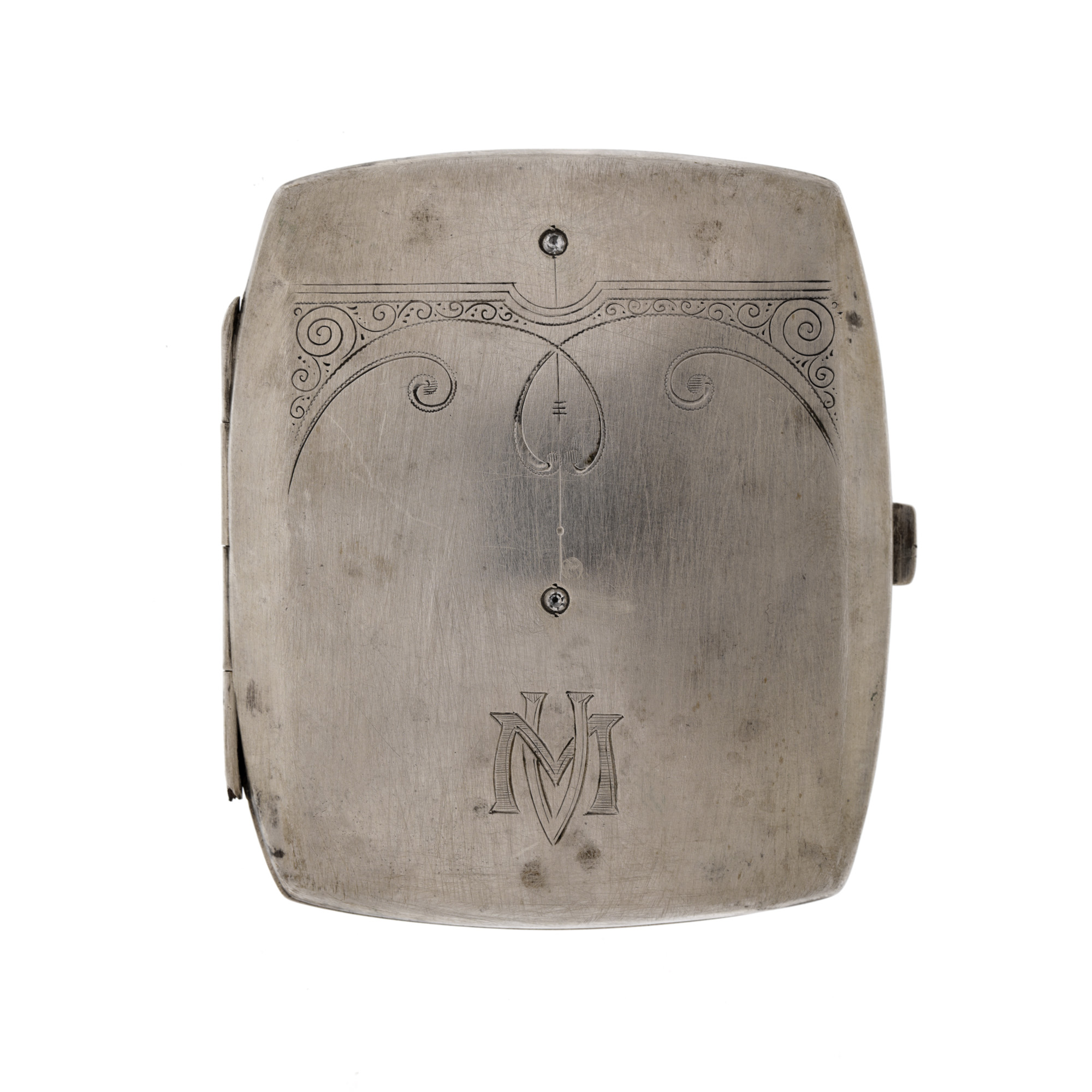 Silver tobacco box with Art Nouveau decor, monogrammed MV