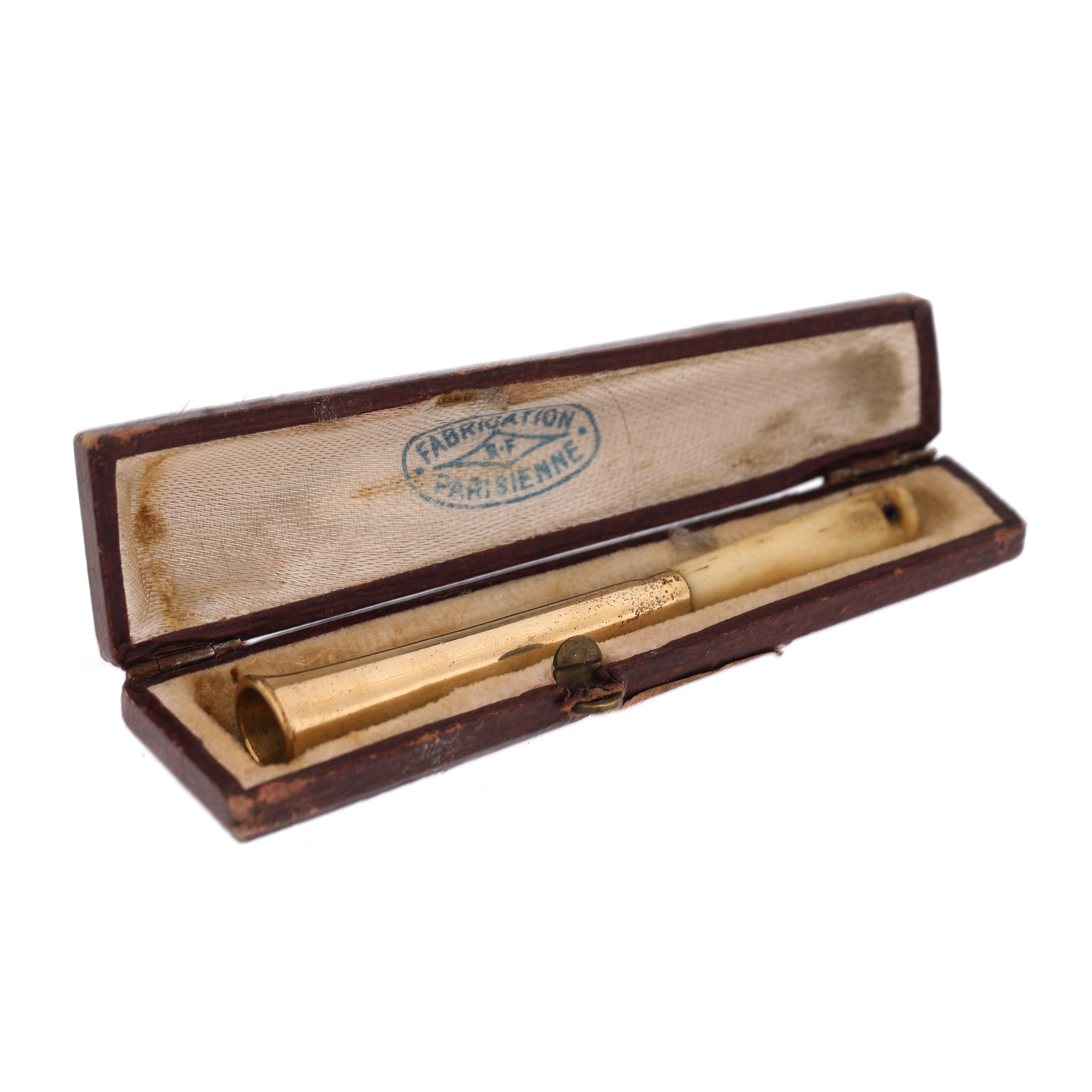 Cigarette holder made of bone and gilded metal, in original box