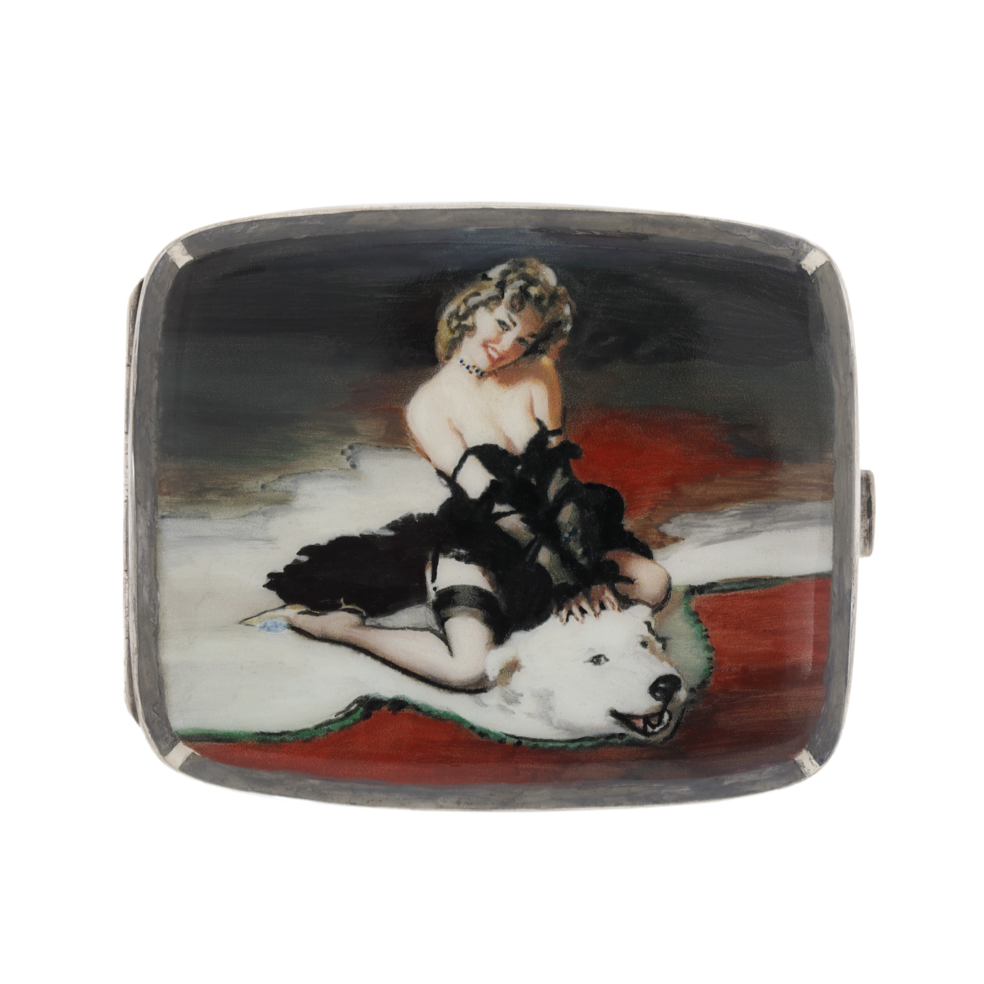 Silver snuffbox decorated with cabaret scene painted in enamel