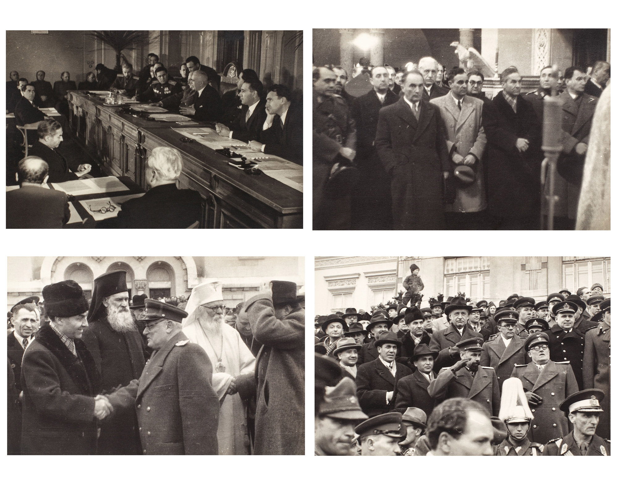 Lot format din 4 fotografii istorice de colecţie, înfățișând ceremonia oficială de la Cluj, cu ocazia înlăturării administraţiei sovietice în Transilvania, 13 martie 1945