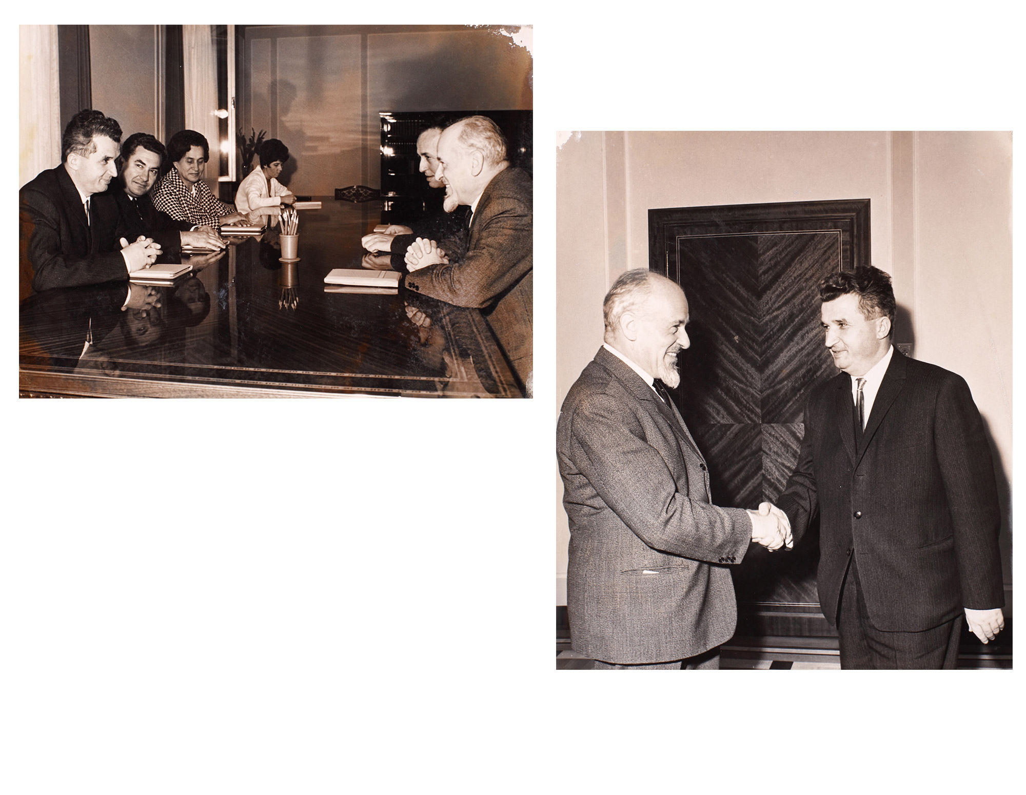 Lot format din două fotografii de presă reprezentându-l pe Nicolae Ceauşescu primind la București pe Lelio Basso și delegația Partidului Socialist Italian (pe care i-a sprijinit financiar în timpul campaniei electorale), anii 1960