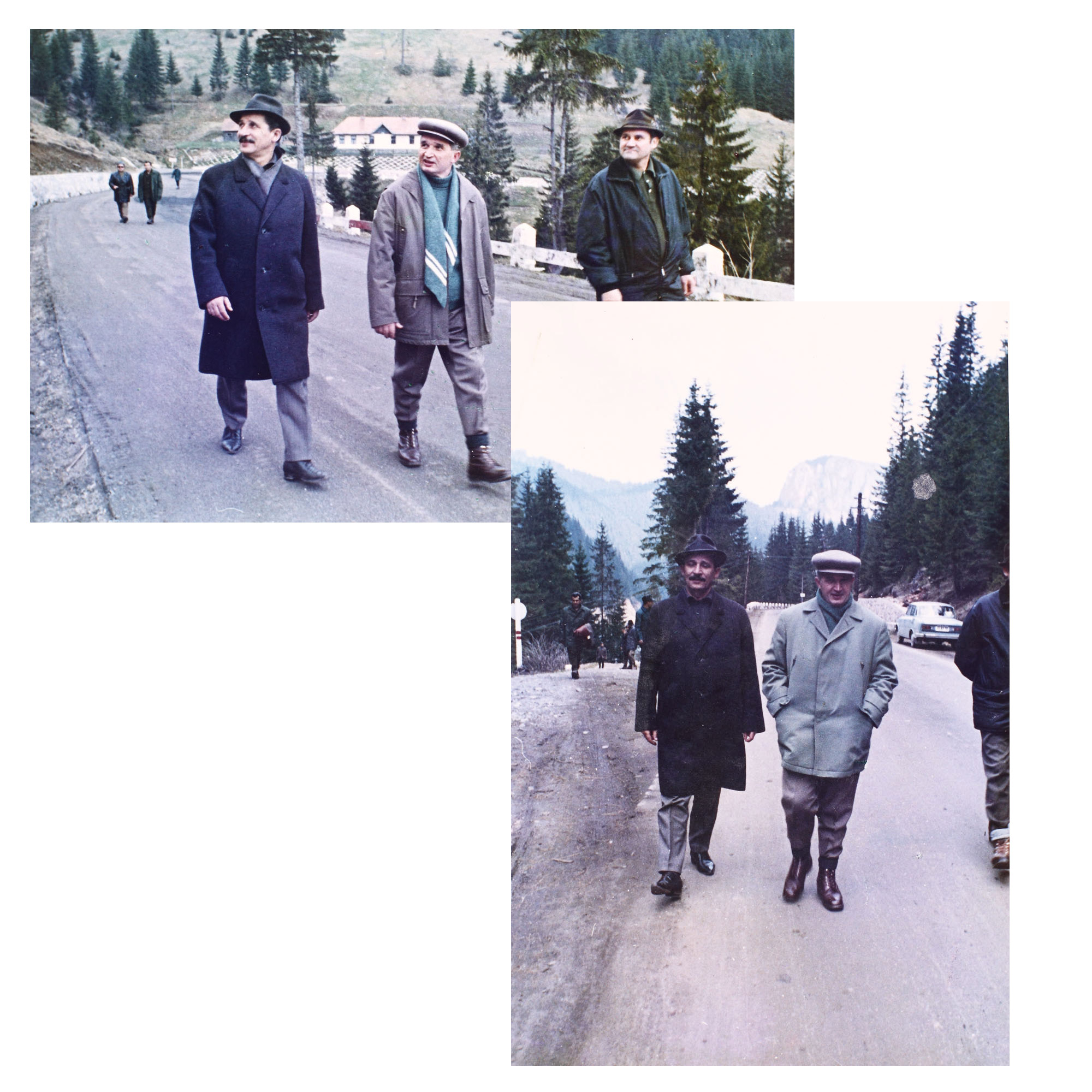 Lot format din două fotografii private, Nicolae Ceaușescu plimbându-se la Lacu Roșu, aprilie 1973