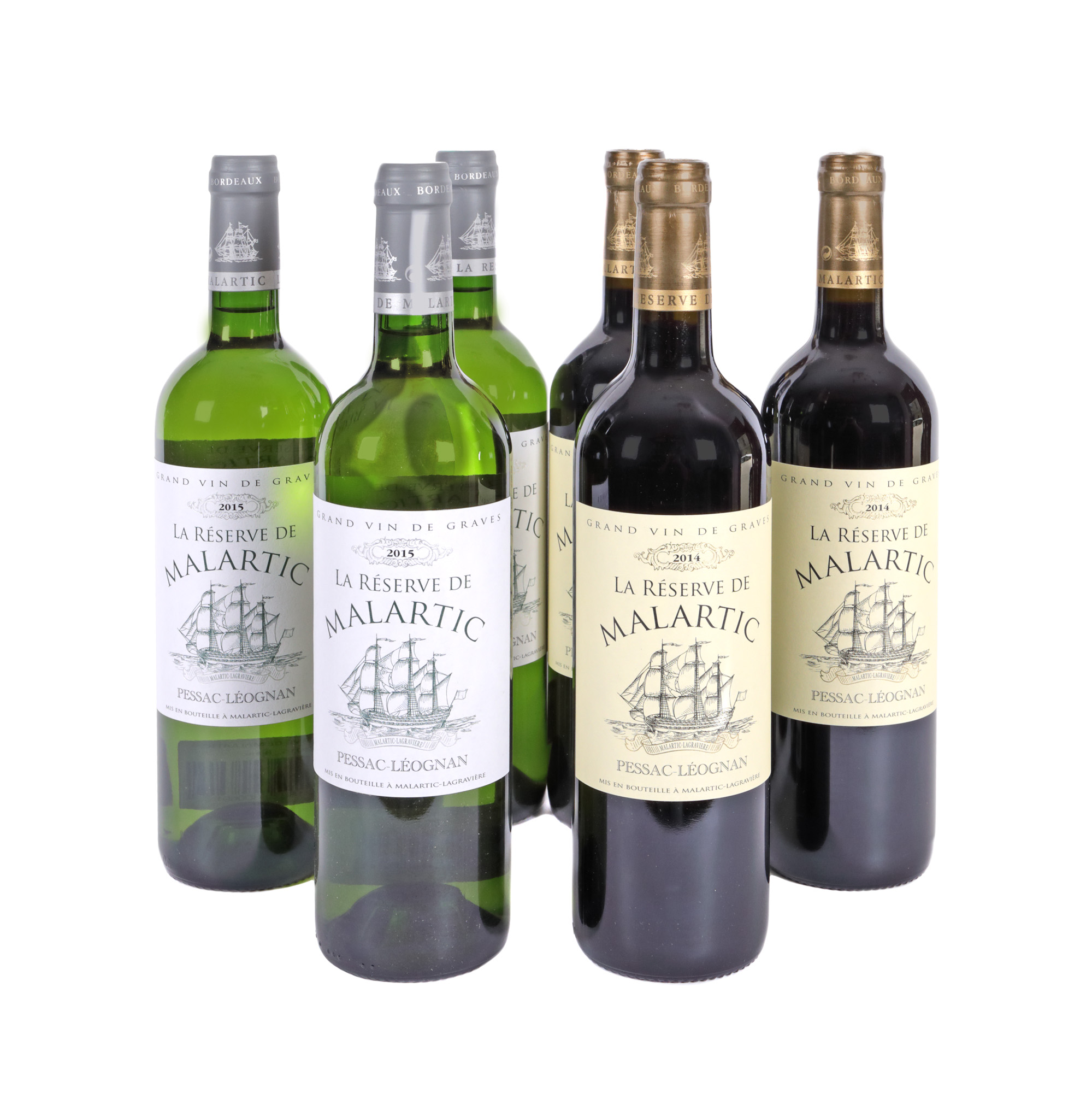 La Réserve de Malartic Rouge, Pessac-Léognan, and La Réserve de Malartic Blanc, Pessac-Léognan, 2014/2015, 6b x 0.75l