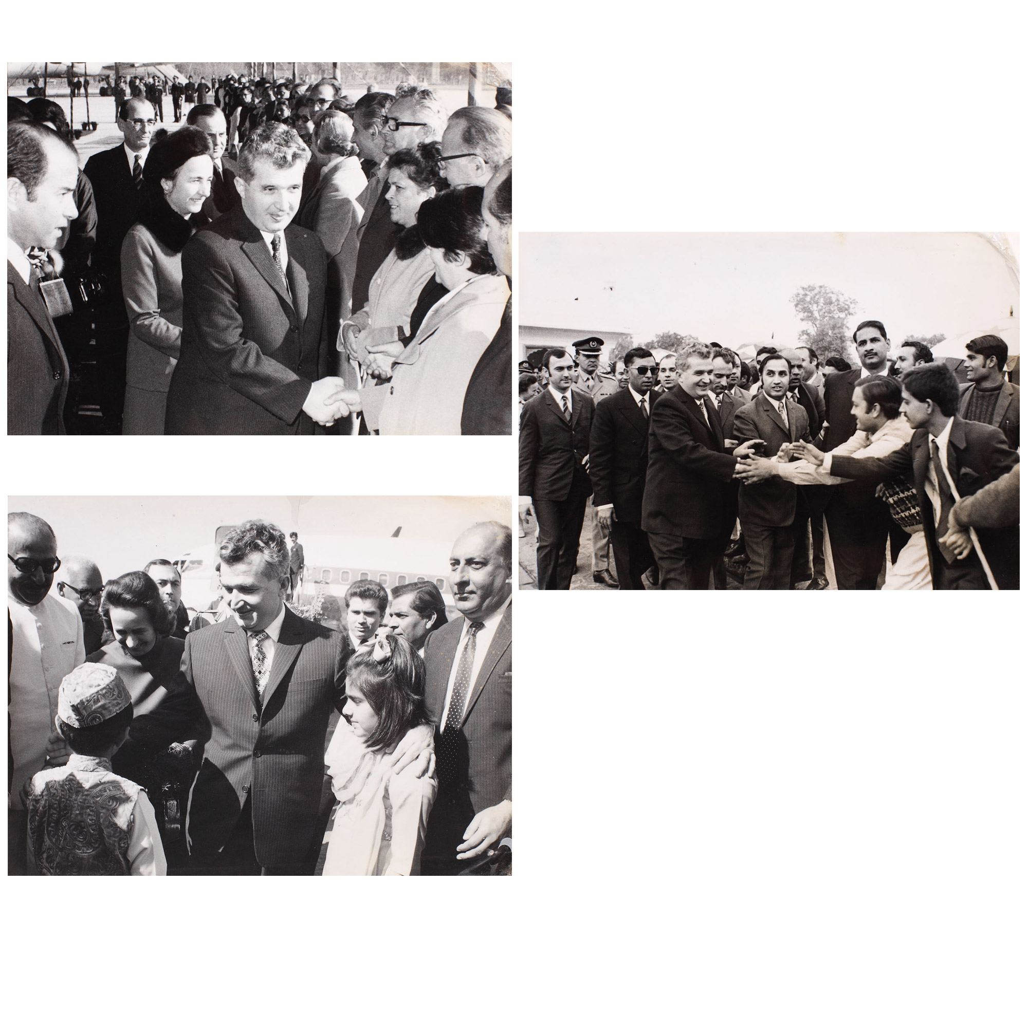 Lot format din 3 fotografii oficiale prezentând vizita de prietenie a lui Nicolae și Elena Ceauşescu la Islamabad, Pakistan, aprilie 1975