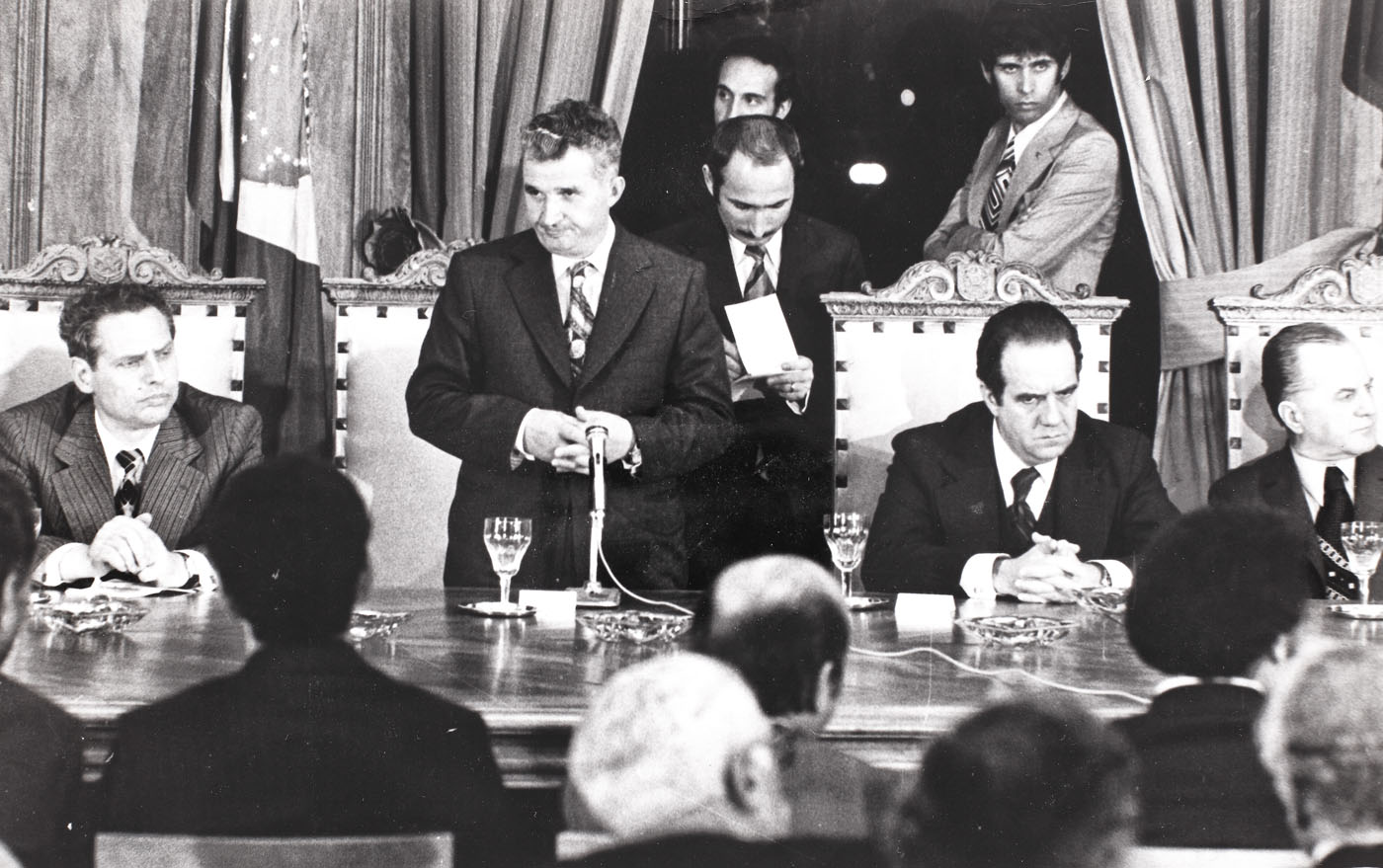 Photograph depicting Nicolae Ceaușescu during an official visit to Brazil, at a meeting with businesspeople of Sao Paolo, June 1975, from the collection of the former Minister of Foreign Affairs George Macovescu