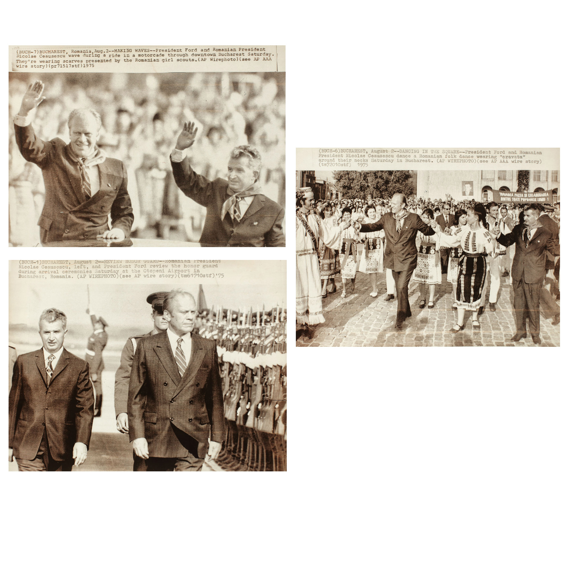 Lot format din 3 fotografii de presă realizate cu ocazia vizitei oficiale a Președintelui Gerald Ford, București, iunie 1975