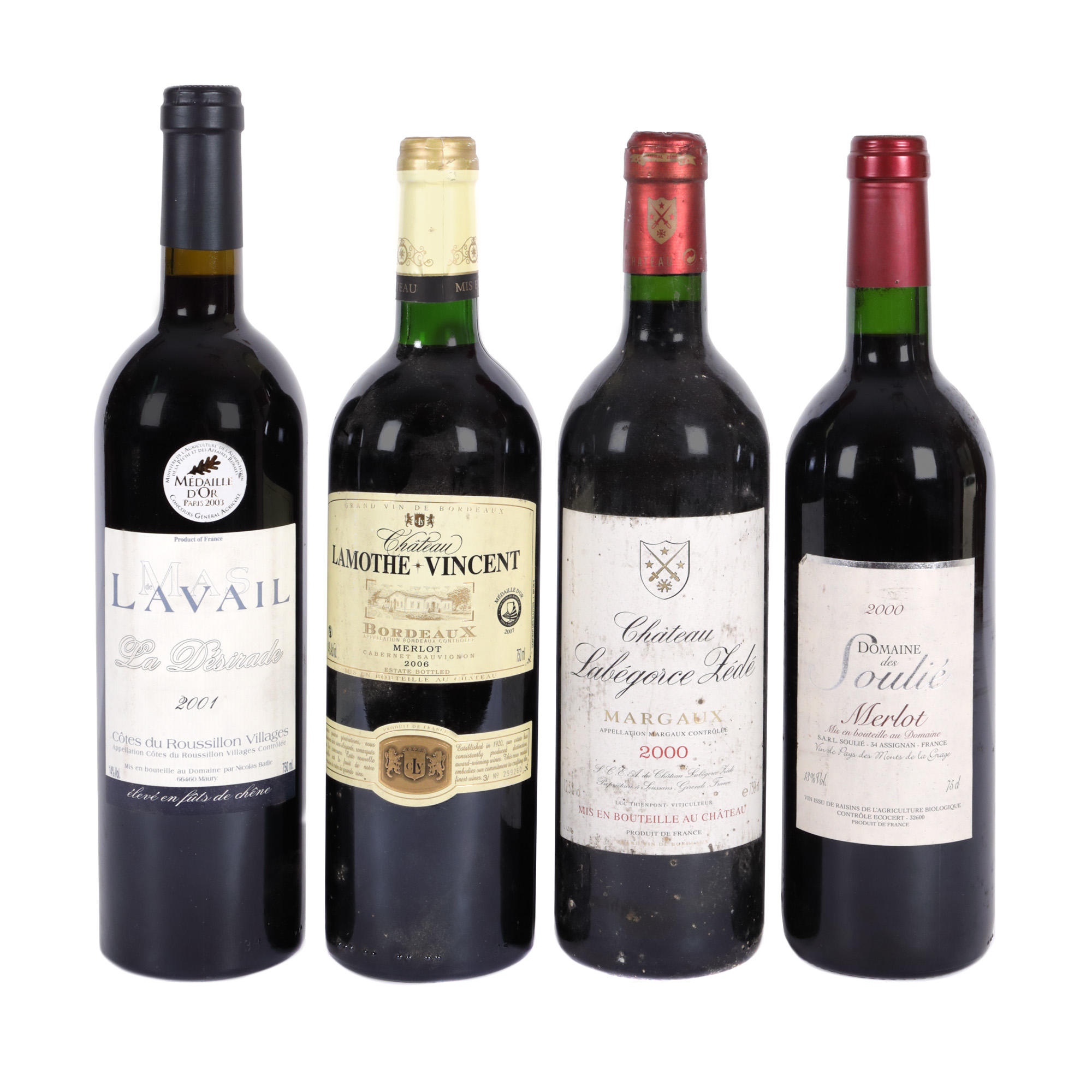 Lot de vinuri franțuzești, printre care și Margaux, 2000/2001/2006, 4st x 0.75l