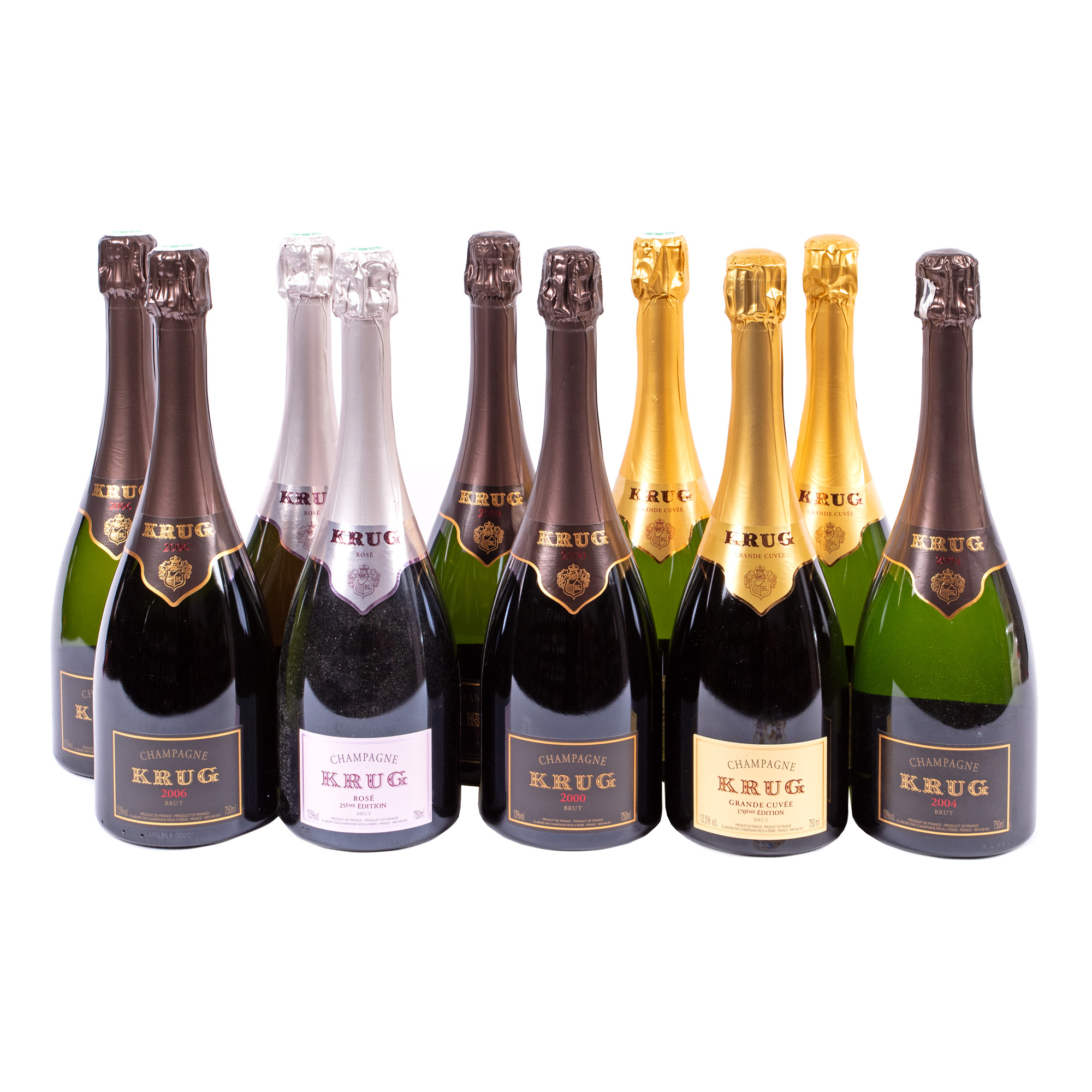 Lot de champagne format din Krug Cuvée 170, 2st x 0,75l, Krug Cuvée 169, 1st x 0,75l, Krug 2000, 2st x 0,75l, Krug 2006, 2st x 0,75l, Krug 2004, 1st x 0,75l, Krug Rosé, 2st x 0,75l