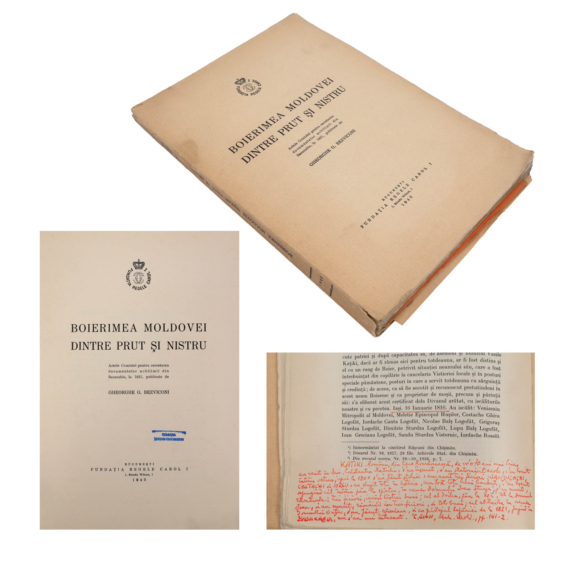 "Boierimea Moldovei dintre Prut și Nistru", de Gheorghe Bezviconi, 4 volume, București, 1940, provine din colecția criticului literar Șerban Cioculescu
